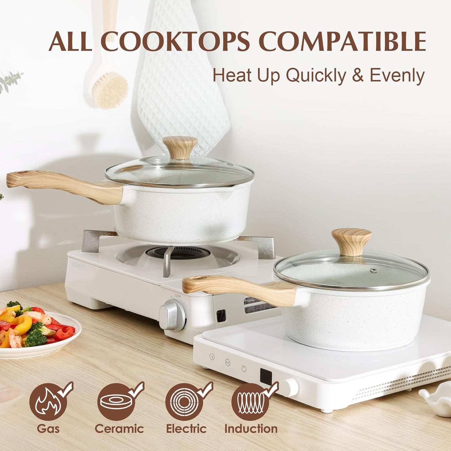 SENSARTE White Ceramic Nonstick Saucepan with Lid 2.0 Quarts, Small Cooking Pot with Stay Cool Handle, Induction Compatible Saucepot, White Granite Coating, Free of Intentionally Added PTFE/PFOA/PFAS