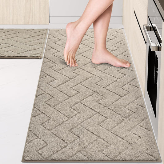 Machine Washable Kitchen Rugs Set (24" x 36"+24" x 60"), Non-Slip Kitchen Runner Rugs Mats for Floor, Absorbent Comfort Standing Mats for Kitchen, Sink and Hallway, Rolled Packaging, Taupe