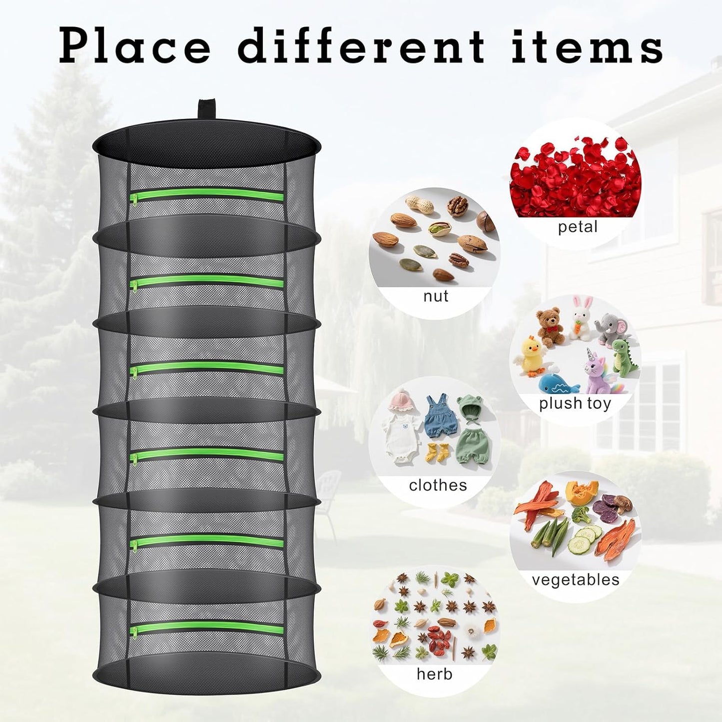 Herb Drying Rack with Mesh Design - Hanging Herb Dryer with Green Zipper for Garden, Home, Indoor or Outdoor Use (8layer)