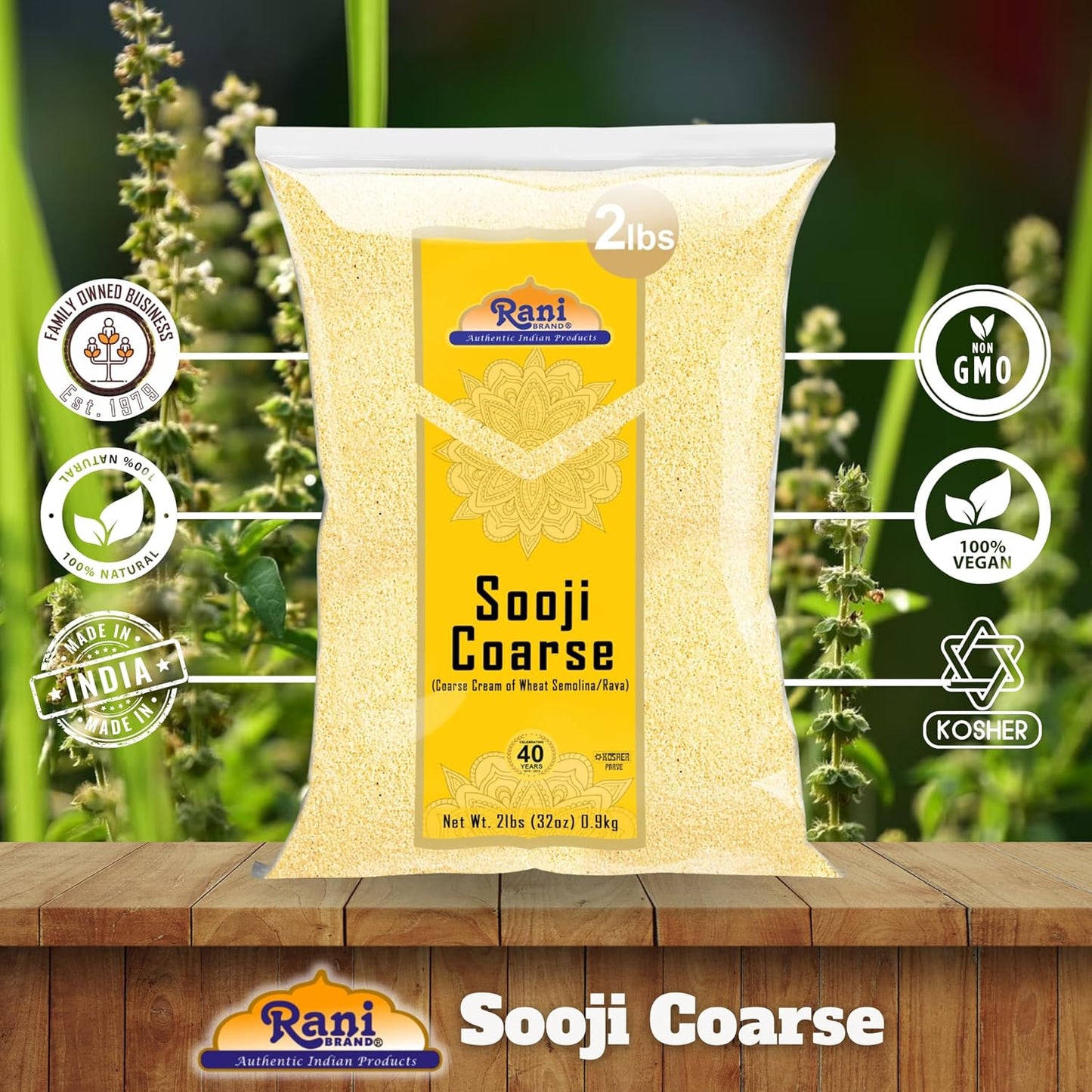 Rani Sooji Coarse (Farina, Suji, Rava, Rawa, Wheat Semolina) Flour 32oz (2lbs) 908g ~ All Natural | Vegan | NON-GMO | Kosher | Indian Origin