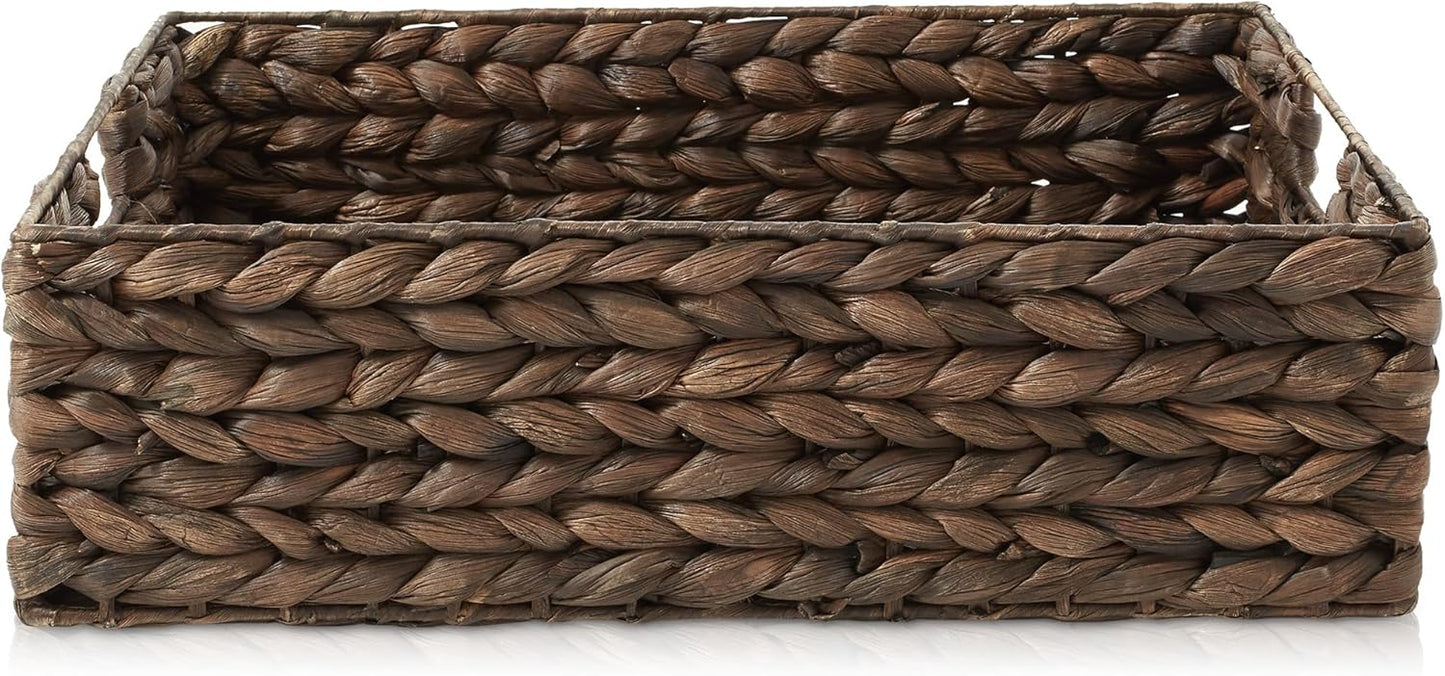 Casafield Set of 4 Water Hyacinth Pantry Baskets, 12-1/2" x 17" x 5", with Chalkboard Labels and Chalk Marker - Espresso, Woven Storage Bin Organizers for Kitchen Shelves