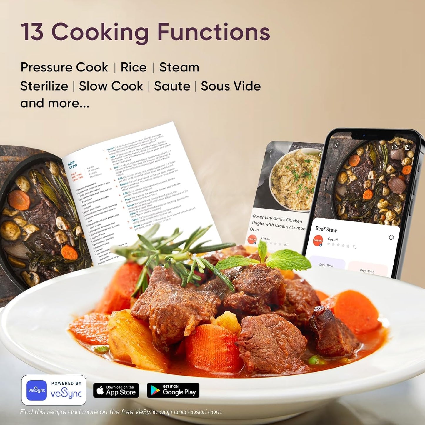 COSORI Pressure Cooker 6QT Stainless Steel – 9-in-1 Multi Cooker, 12 Safety Features, Ceramic Inner Pot, Rice, Slow Cook, Sous Vide, Saute, 1100W