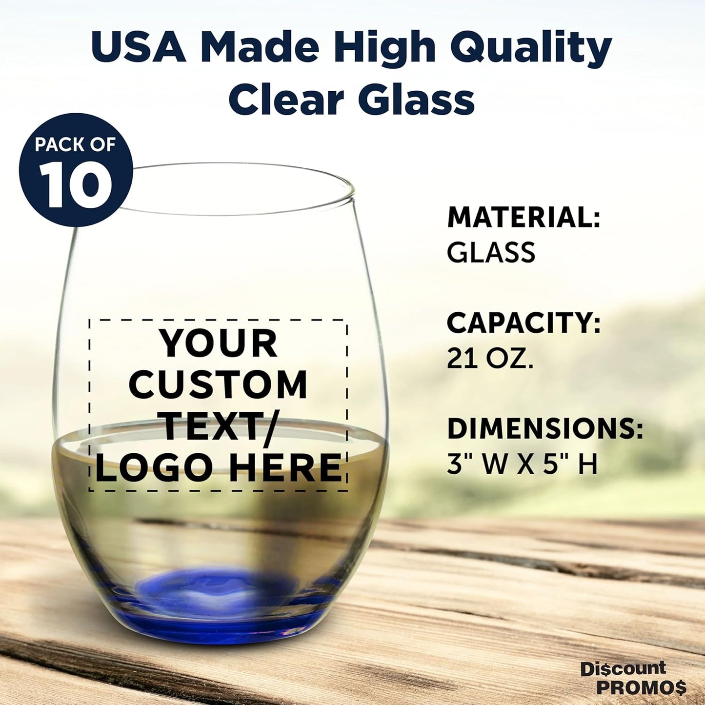 DISCOUNT PROMOS 10 ARC Stemless Wine Glasses Set, 21 oz. - Customizable Text, Logo - Chardonnay, Cabernet, Merlot, Sauvignon - Blue