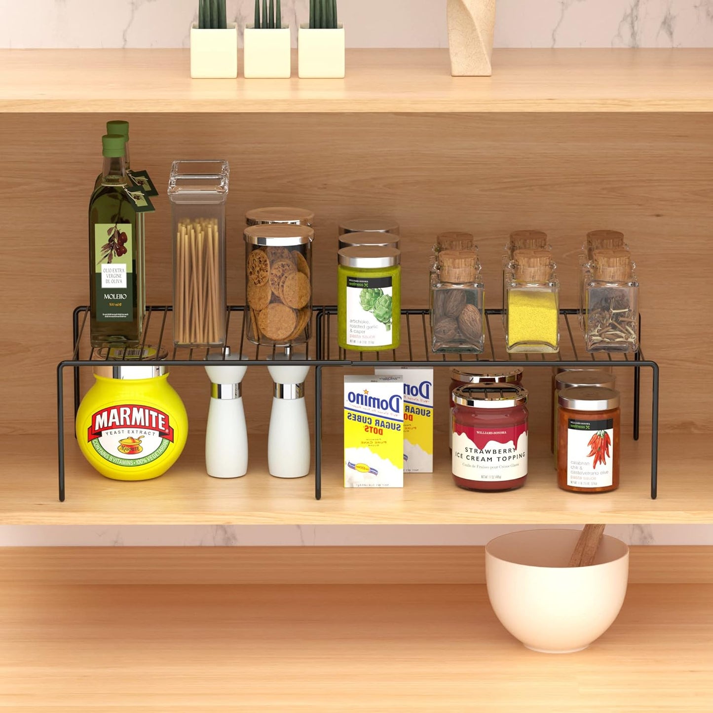 Redrubbit Expandable Shelf Rack, Rustproof Metal Storage Organizer for Kitchen, Fridge, Bathroom, Black