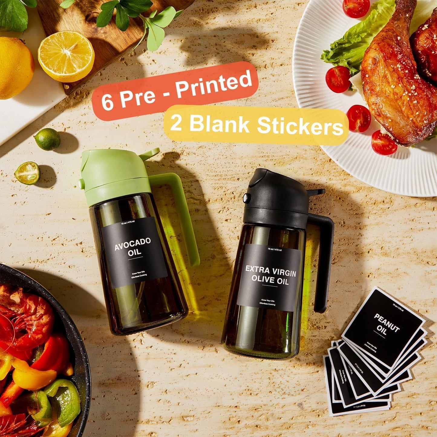 CXINYI - 16oz/470ml Olive Oil Dispenser for Kitchen with Stickers - 2 in 1 Olive Oil Sprayer for Cooking, Air Fryer, and Salad, Black&Purple (Light-Proof Kitchen Gadget)