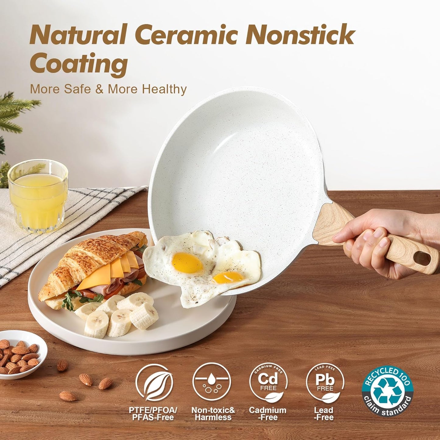 SENSARTE Nonstick Frying Pan Skillets, White Ceramic Coating Omelette Pans, Healthy Cookware Chef's Pan, Free of Intentionally Added PTFE & PFAS (8+10 Inch)