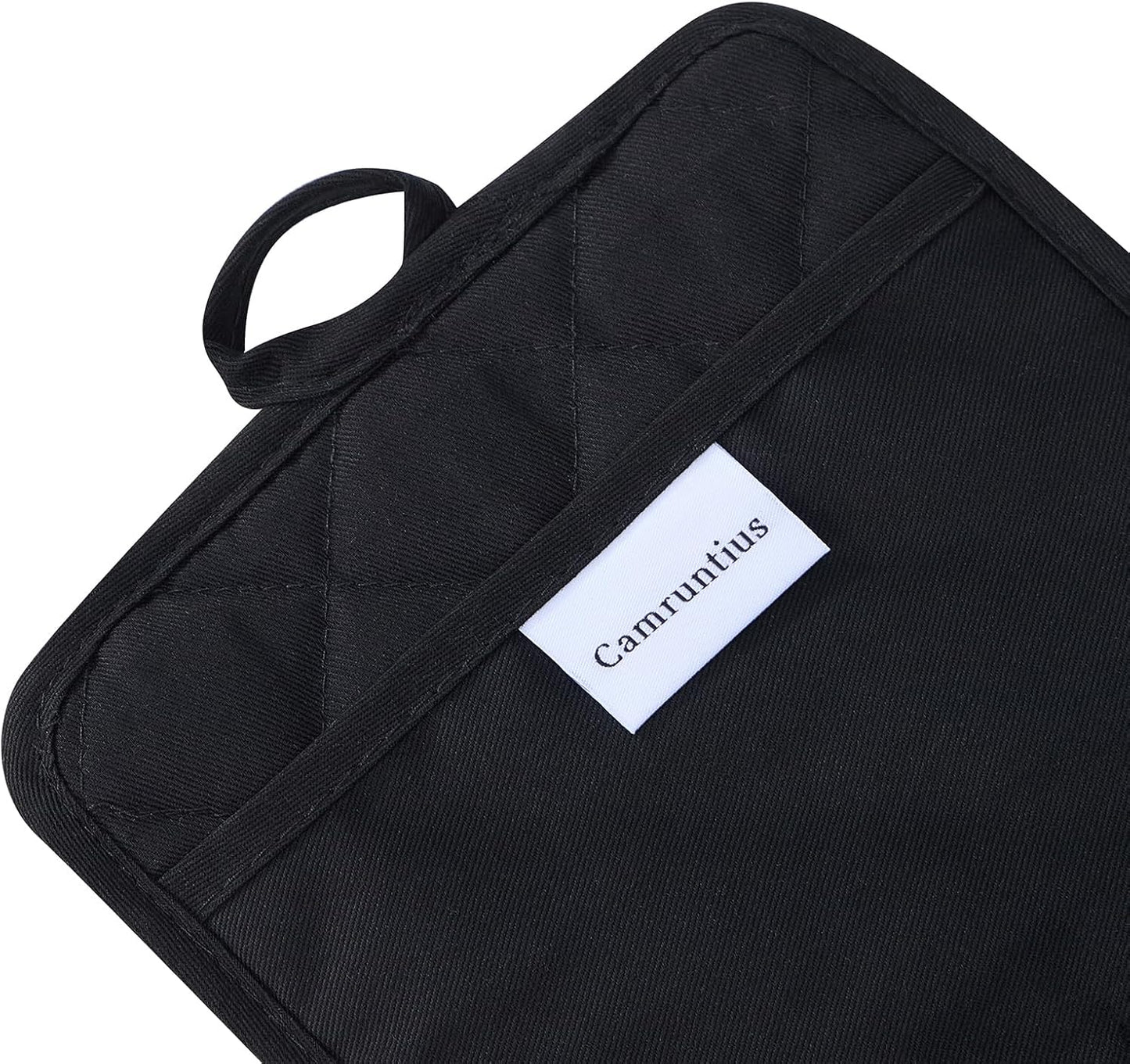 Kitchen Pot Holders, 7"x9", Rectangular with Pocket, Cotton and Neoprene Heat-Resistant Potholders for Cooking and Baking, Machine Washable, 3-Piece Set (Black)