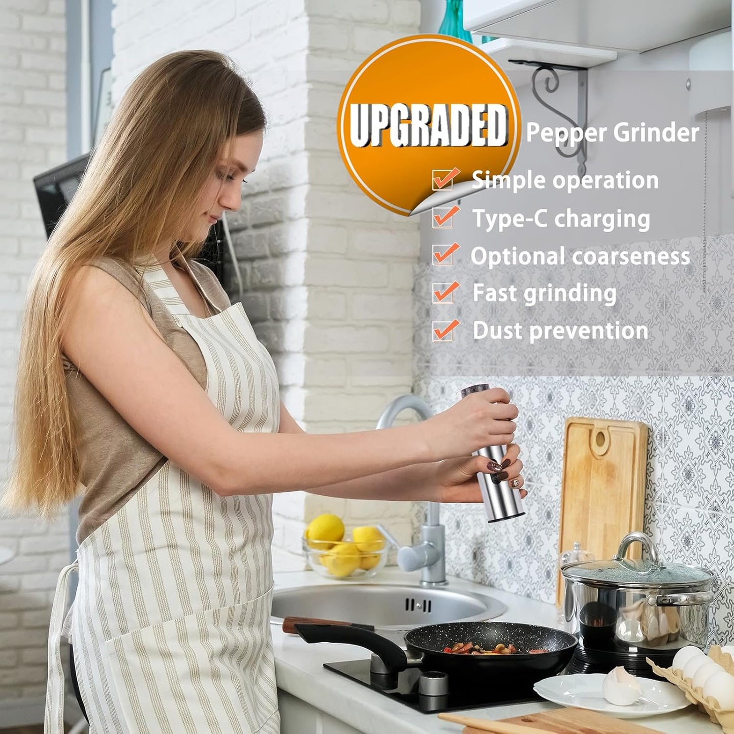 Electric Salt and Pepper Grinder Set, Rechargeable Salt and Pepper Shakers Refillable, Automatic Pepper Mill with Adjustable Coarseness, One Hand Operation with LED light, Stainless Steel