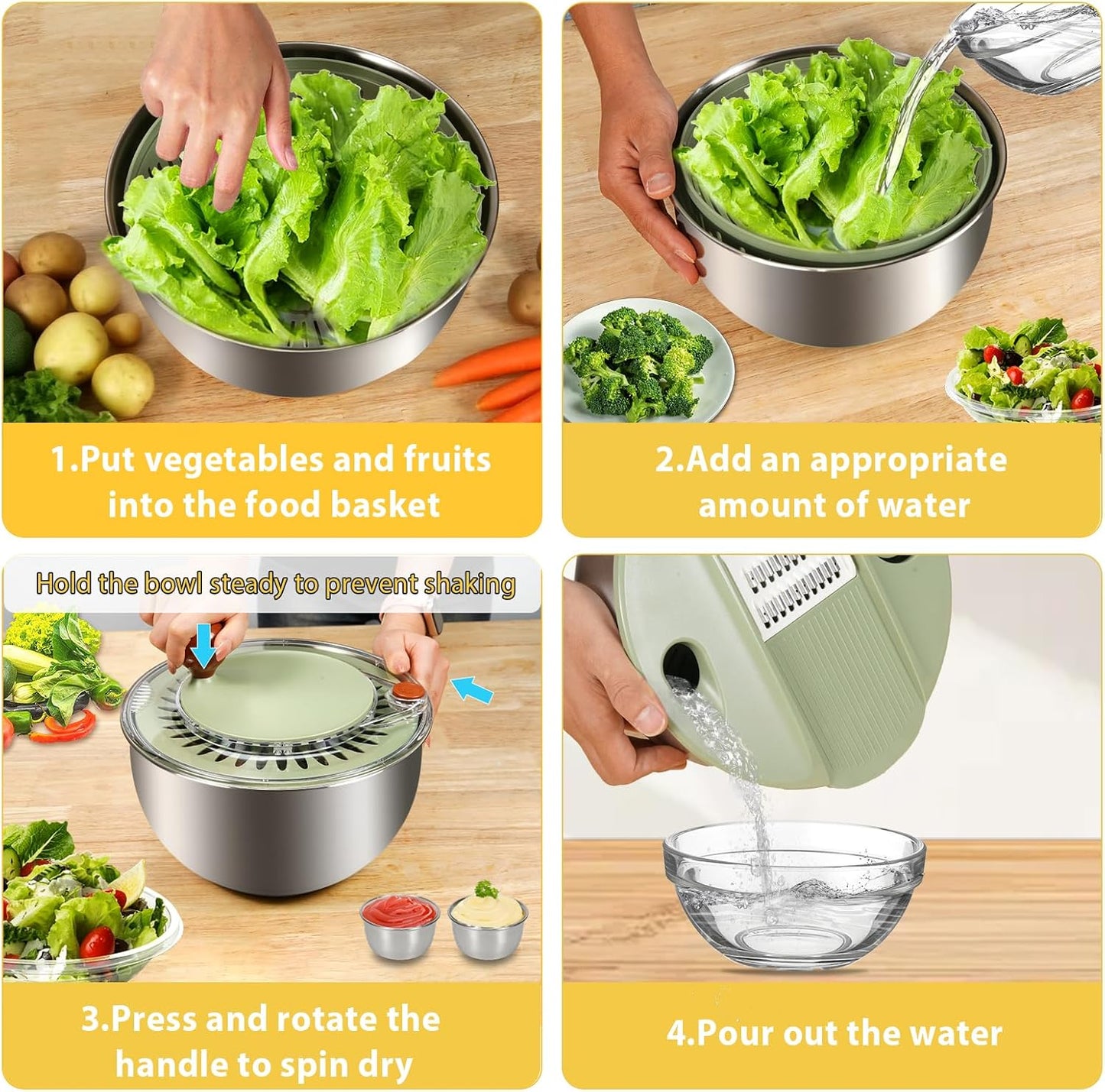 Stainless Steel Salad Spinner Large, Vegetables Fruits Wash Bowl with Strainer, Lettuce Spinner Dryer with 5 Blades Slicer, Egg Yolk Strainer, Shredder for Efficient Salad Preparation 5.3Qt