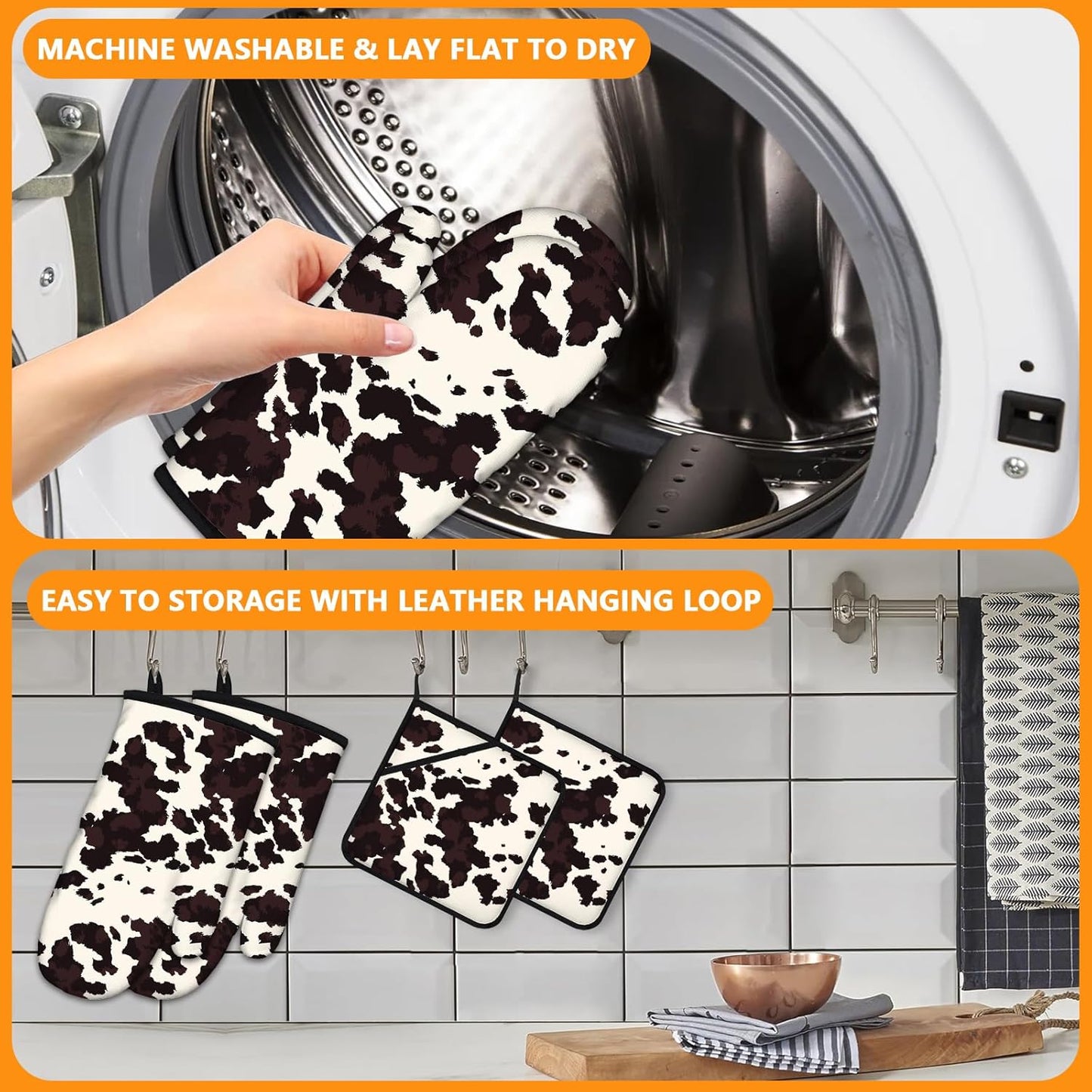 Black Cow Print Oven Mitts and Pot Holders Sets 4Pcs,Extra Long Oven Gloves Potholder for Kitchen Cooking Baking BBQ 100% Cotton Heat Resistant