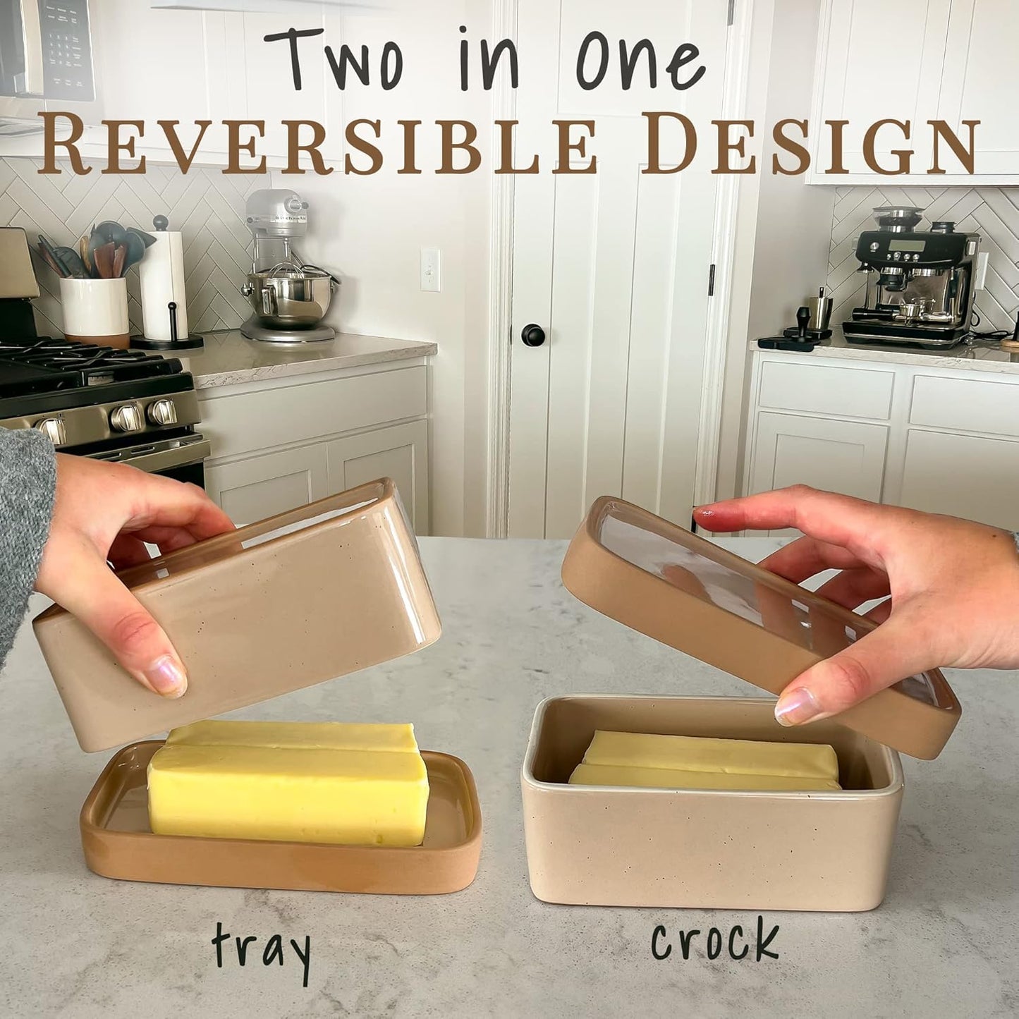 Mora Ceramic Two-in-One Butter Dish with Lid, Covered Butter Crock Container to Leave on Countertop - Large Storage Keeper/Holder for Kitchen, Gifts for Her, Butter Tray For Counter - Chai