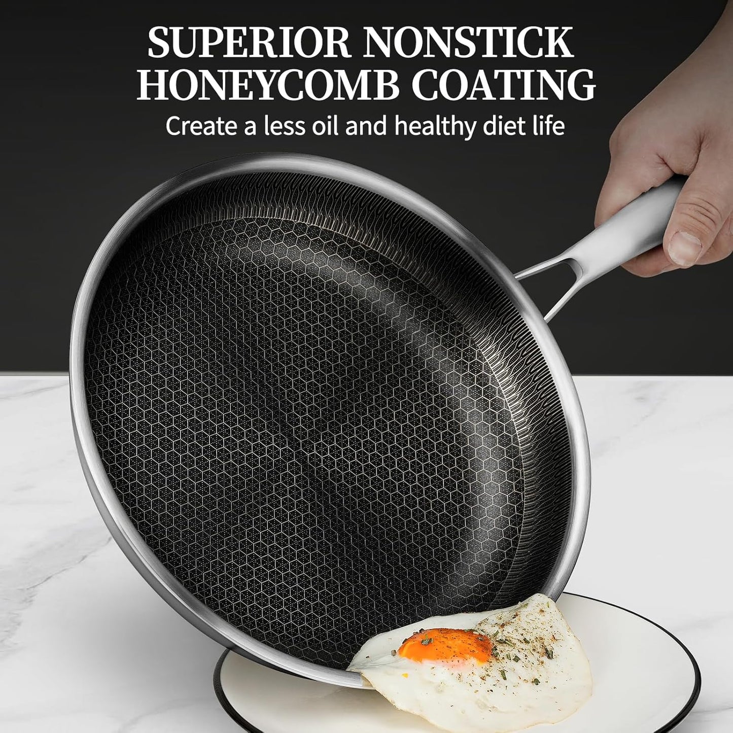 6-Piece Stainless Steel Frying Pan Set with Lids, Honeycomb Nonstick, Induction Compatible, PFOA Free