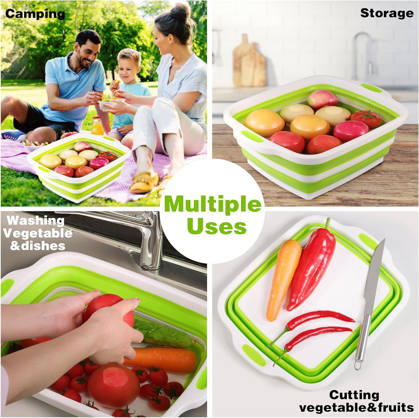 2 Pack Collapsible Cutting Board, Foldable Dish Tub with Draining Hole, Portable Chopping Board with Colander, 3 in 1 Multifunction Camping Sink for Washing Dish, Bowl, Vegetables and Fruit