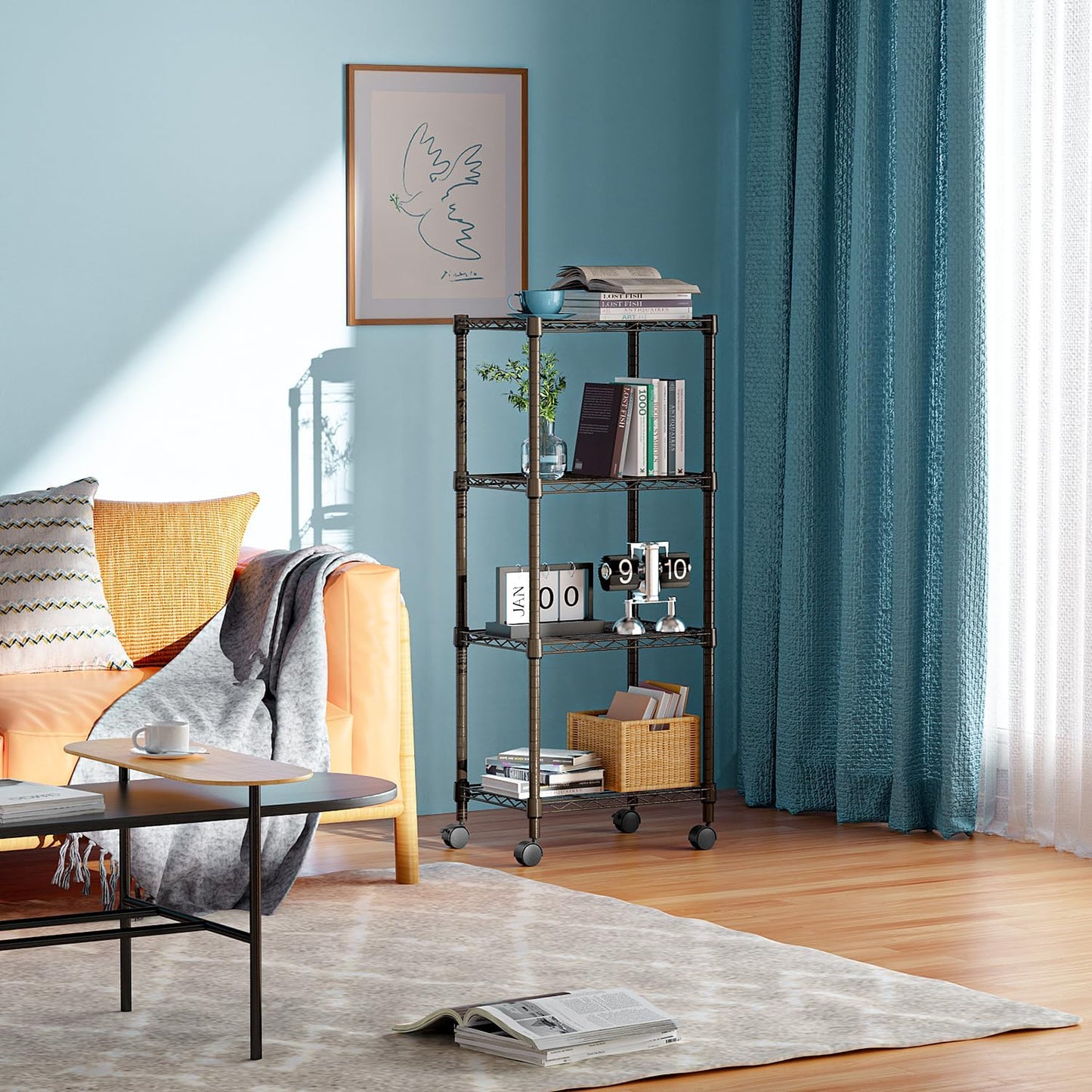 1000 lbs 4-Shelf Adjustable Heavy Duty Steel Wire Rack, Adjustable Storage Shelving Unit with Wheel for Kitchen, Garage, Laundry Brown 11.8" D x 17.7" W x 40.8" H