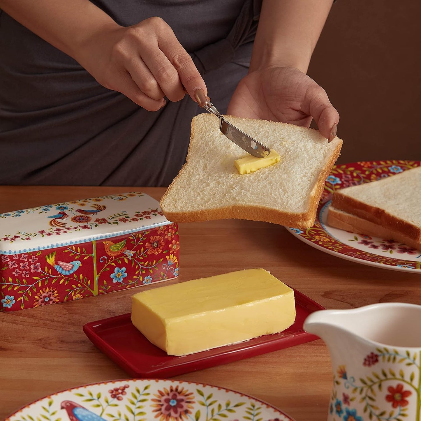 Bico Red Spring Bird Ceramic Butter Dish with Lid, Wide Butter Keeper for Counter, Kitchen Countertop, Microwave and Dishwasher Safe