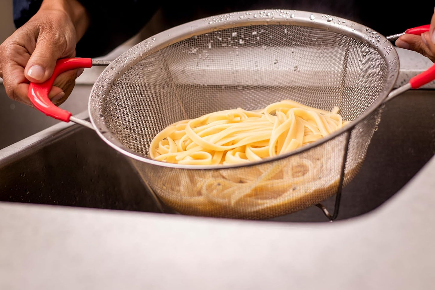 Hercules Chef by Mundial Stainless Steel Colander Strainer with Red Silicone Handles - 9.8"