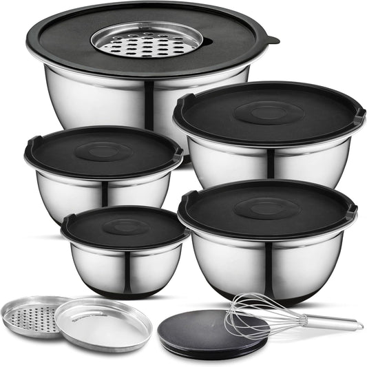 AVADOR Premium Stainless Steel Mixing Bowls Sets Brushed Stainless Steel Mixing Bowl Set, Easy To Clean, Space Saving, Great for Cooking, Baking, Prepping Needs (9 pc Anti Slip with Lid and Graters)