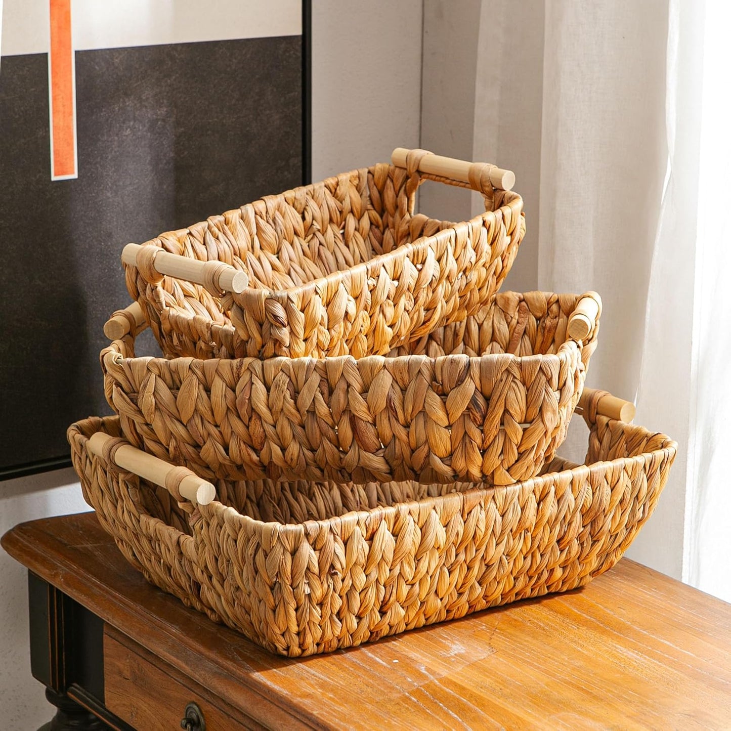 Woven Storage Baskets – Set of 3 Handwoven Water Hyacinth Wicker Baskets with Wooden Handles for Organizing, Decorative Baskets for Laundry Room, Home Decor - Large, Medium & Small