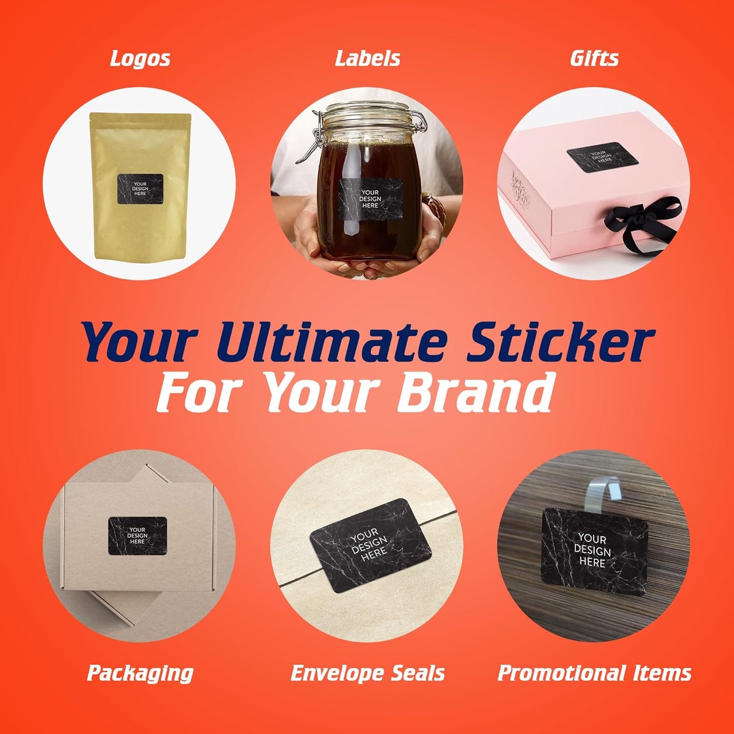 100 Custom Vinyl Stickers - Upload Your own Image, Text, Design, Logo - Personalized Logo Labels for Handmade, Packaging, Bottle, Jars, Candle, Brand Stickers (Black Marble, 3x2)