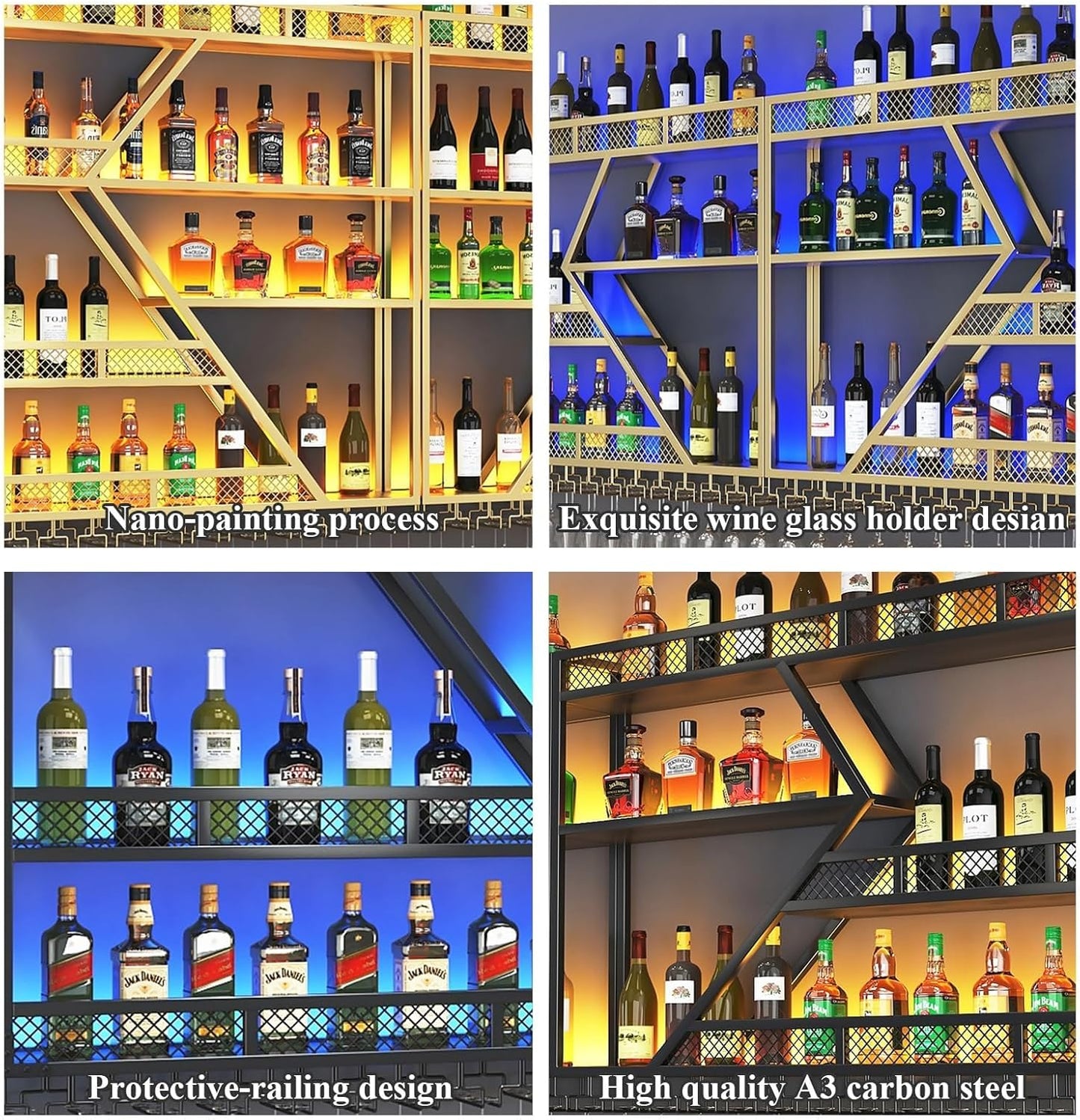 Metal Wine Rack Wall Mounted, Modern Wine Storage Rack Wall Mounted with Wine Glass Holder, Liquor Shelf, Bar Shelves for Liquor Bottles (3TIERS Gold, 78.7 * 7.87 * 33.85INCH)