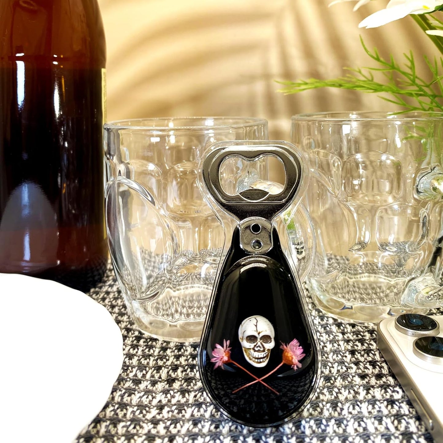 Halloween Ghost Skull Decor, Magnetic Bottle Opener, Original Design Skull Flower in Black Resin – Strong Magnet for Fridge – – Gothic Halloween Gifts - Midnight Black