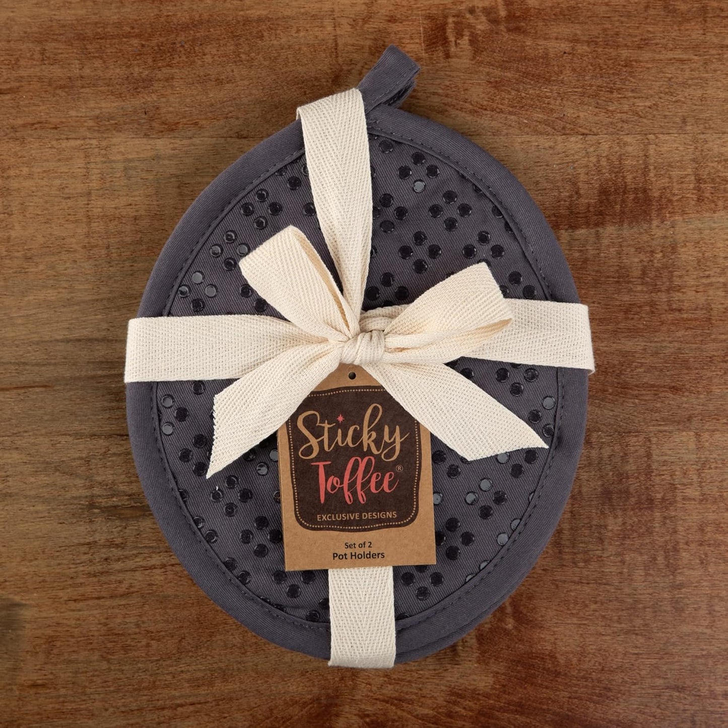 Sticky Toffee Silicone Pot Holders Set of 2, Gray, Heat Resistant to 500°F, Non-Slip Oven Hot Pads with Oeko-Tex Cotton Shell, 7 x 9 in