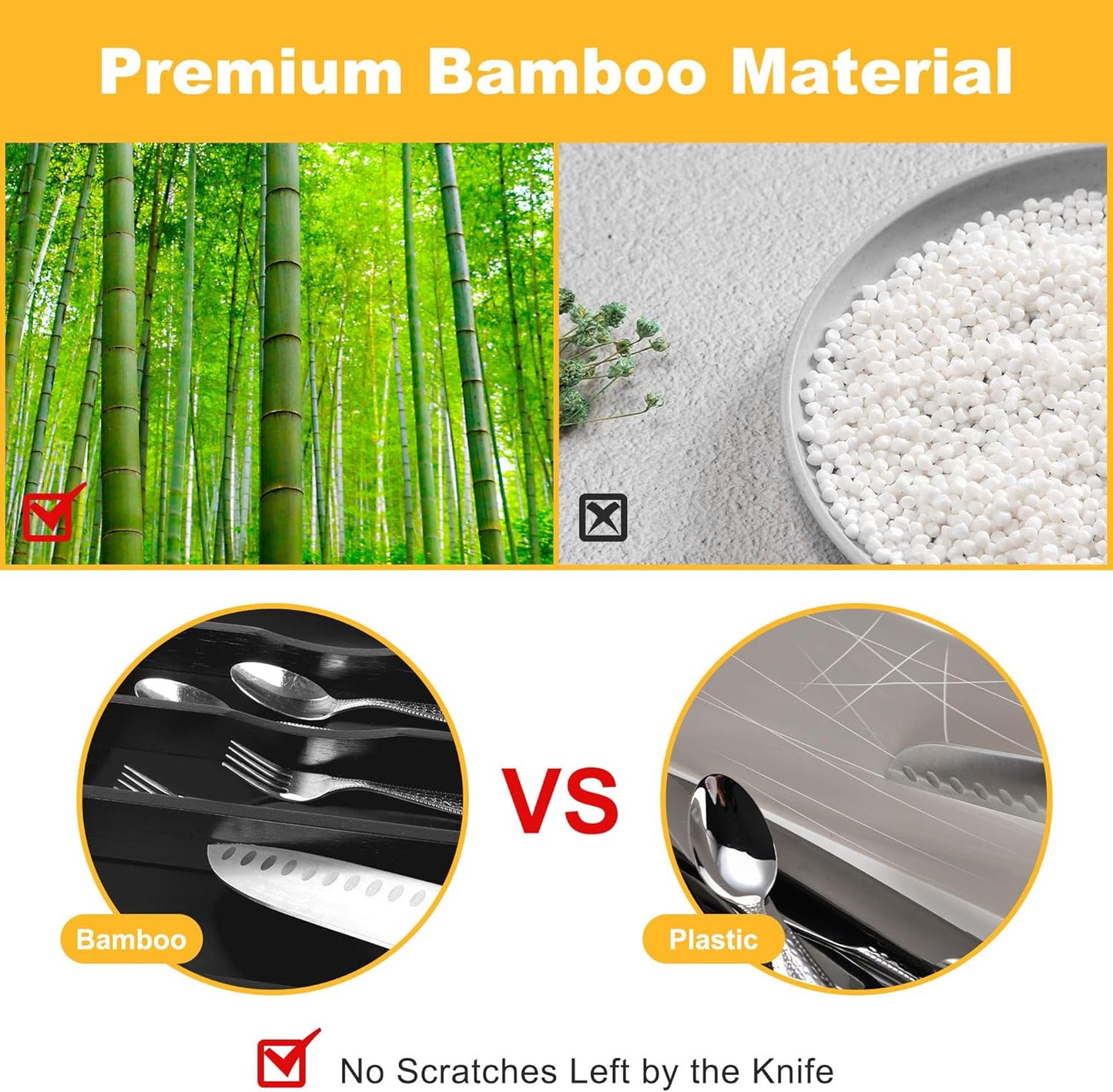 Kitchen Bamboo Silverware Organizer, Kitchen Drawer Organizer - Utensil Holder and Cutlery Tray with Grooved Drawer Dividers for Flatware 7 Slot, Black