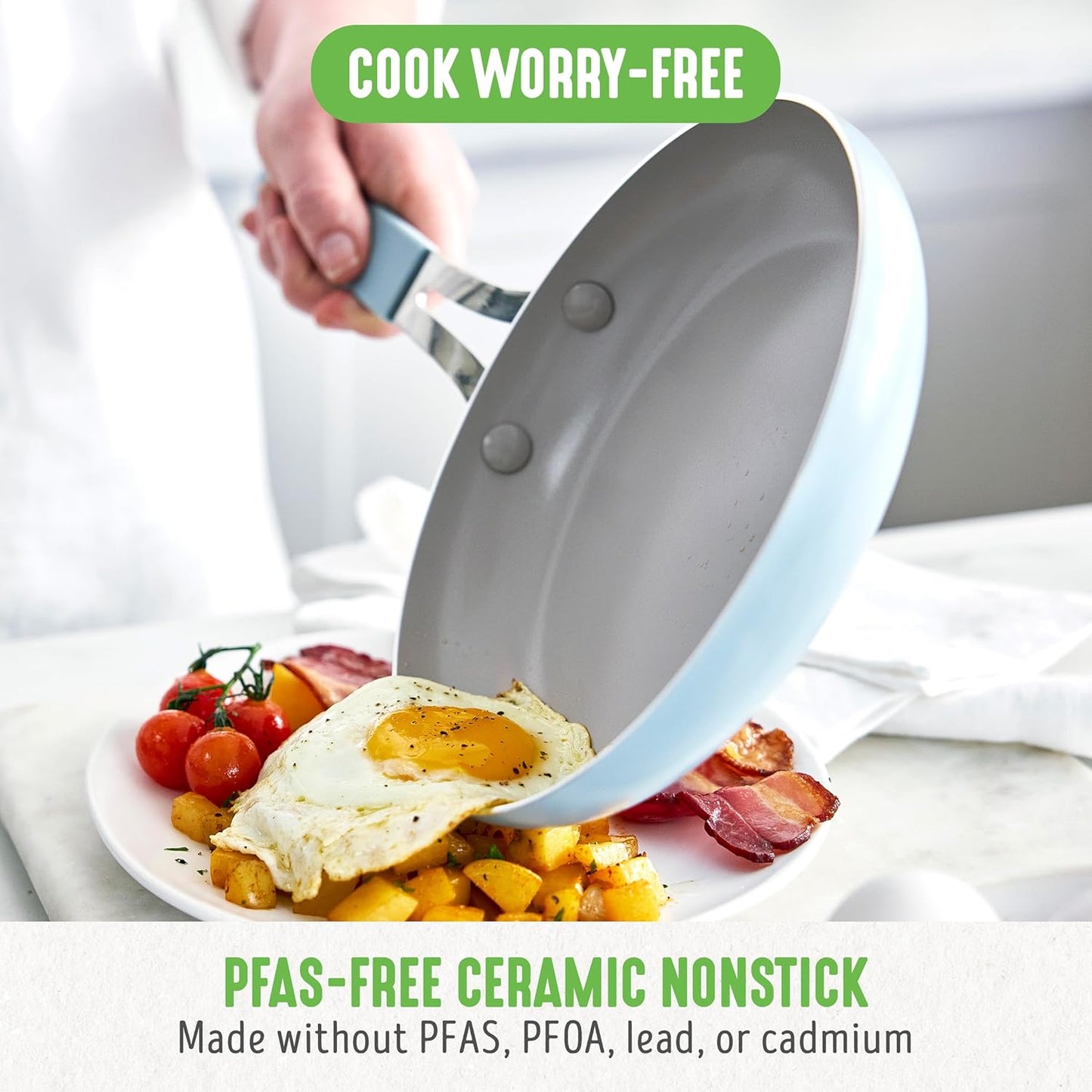 GreenLife 8” & 10” 2 Piece Nonstick Ceramic Frying Pan Set, Lightweight Healthy PFAS-Free Skillets, Dishwasher & Oven Safe, Durable Body, Silicone Stay-Cool Handles, Easy Release, Blue Haze