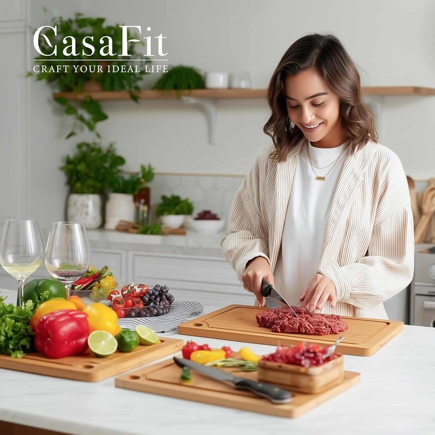 Bamboo Cutting Board 3-Piece Set with Juice Grooves – Non-Slip Wooden Chopping Boards for Kitchen & Housewarming Gfit, Multi-Size Serving Tray for Meat, Vegetables, Fruits