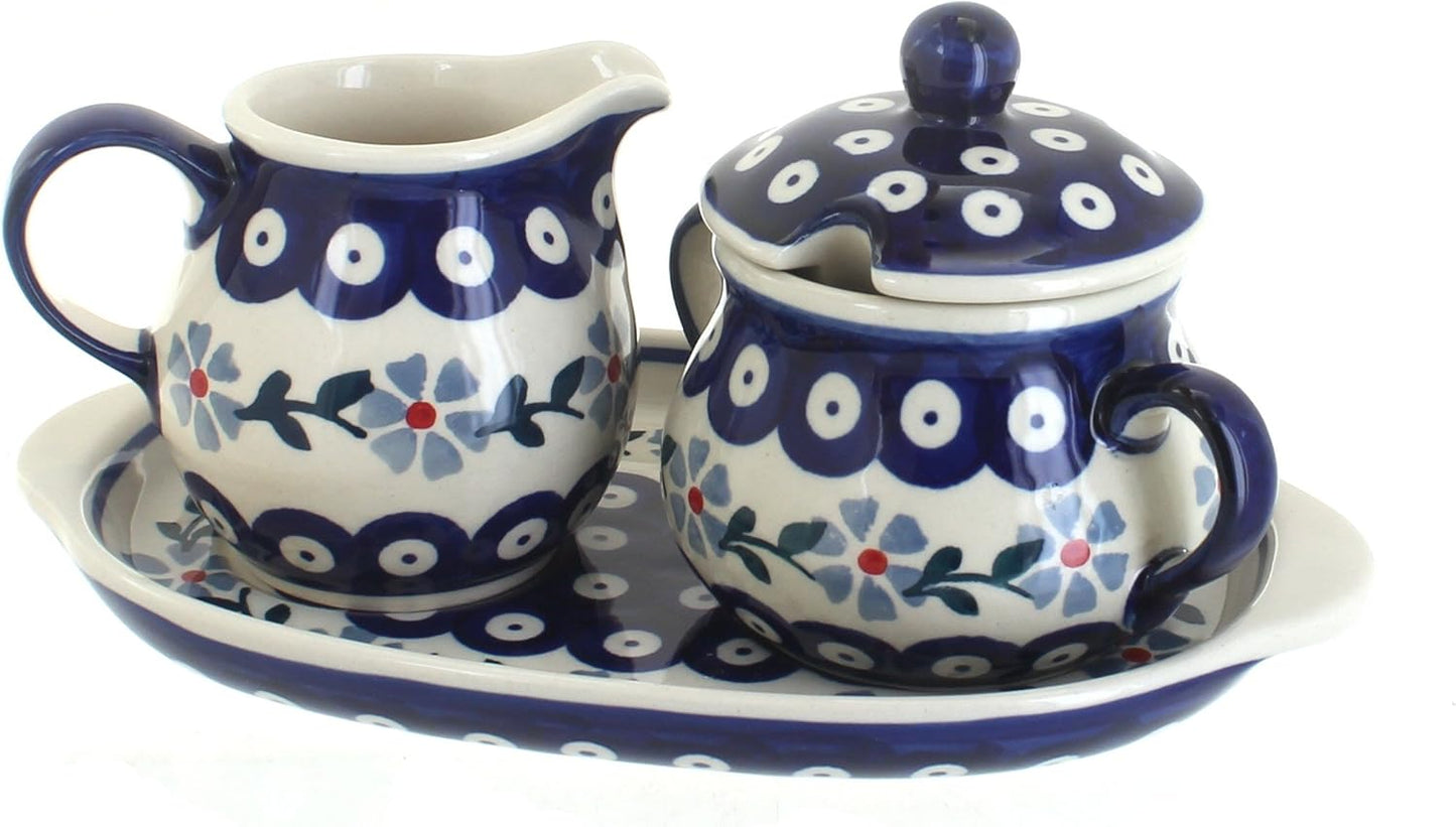 Blue Rose Polish Pottery Blue Violet Sugar & Creamer with Tray