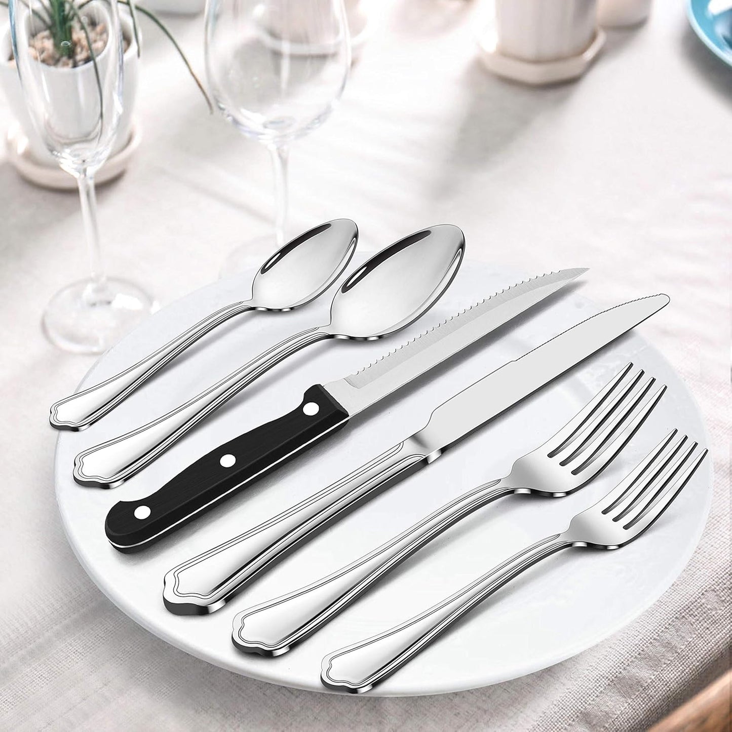 LIANYU 77-Piece Silverware Flatware Set for 12, Plus Steak Knives and Serving Utensils, Stainless Steel Flatware Cutlery Set, Eating Utensils Tableware with Scalloped Edge, Dishwasher Safe