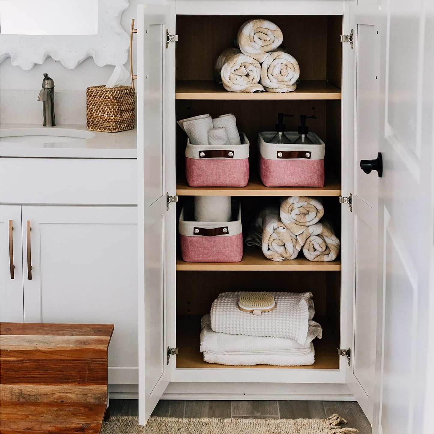 OrganiHaus Small Fabric Storage Baskets for Shelves 3 Pack, 12x8in Closet Storage Bins for Shelves, Cloth Baskets for Organizing, Linen Closet Organizers, Fabric Basket, Pink/White