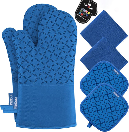 KEGOUU Oven Mitts and Pot Holders 6pcs Set, Kitchen Oven Glove High Heat Resistant 500 Degree Extra Long Oven Mitts and Potholder with Non-Slip Silicone Surface for Cooking (Royal Blue)