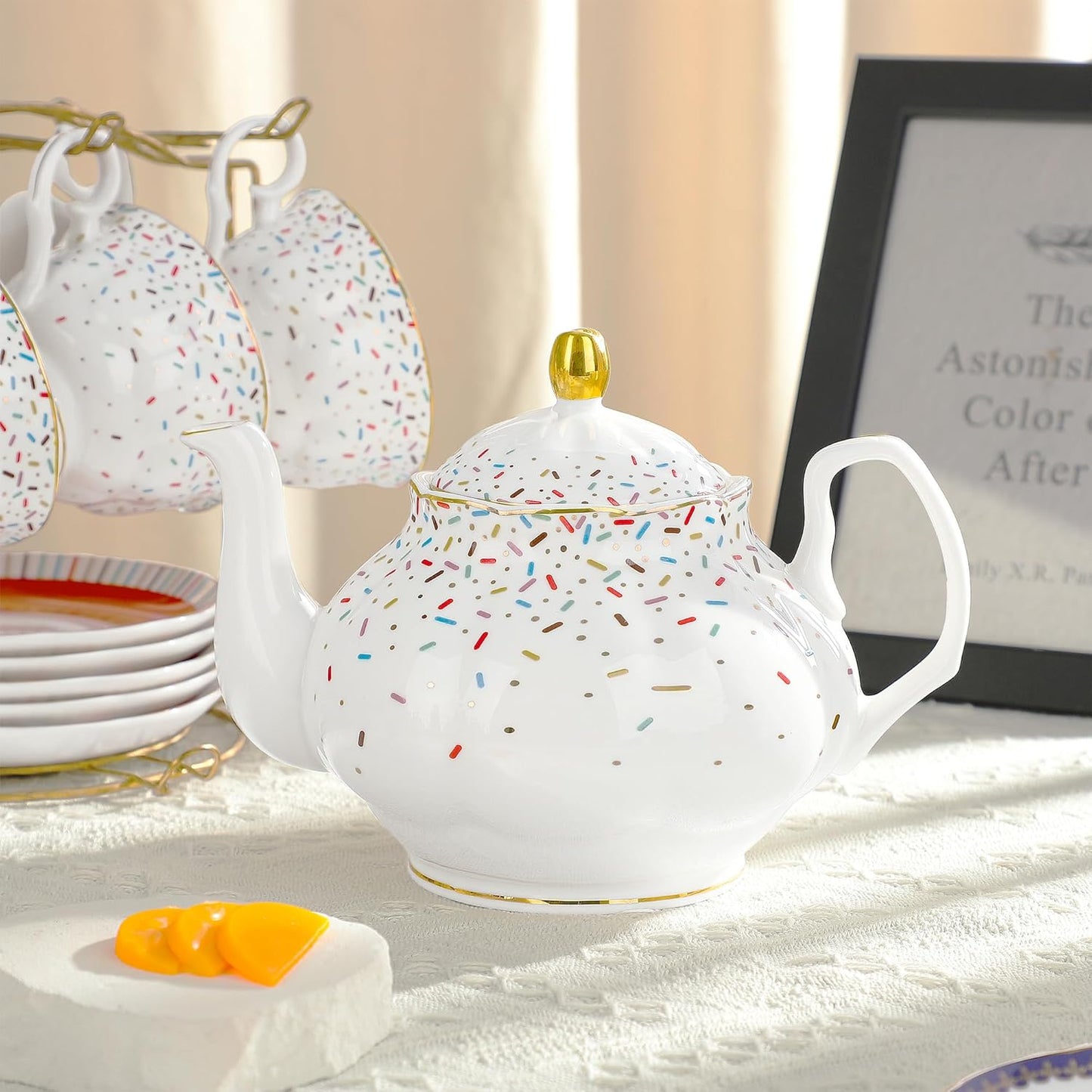 fanquare 21-Piece Red English Porcelain Tea Sets, 6 Cups and Saucers, Colorful Sprinkle Sugar Bone China Tea Set for Afternoon Tea Party, Birthday, Celebrations