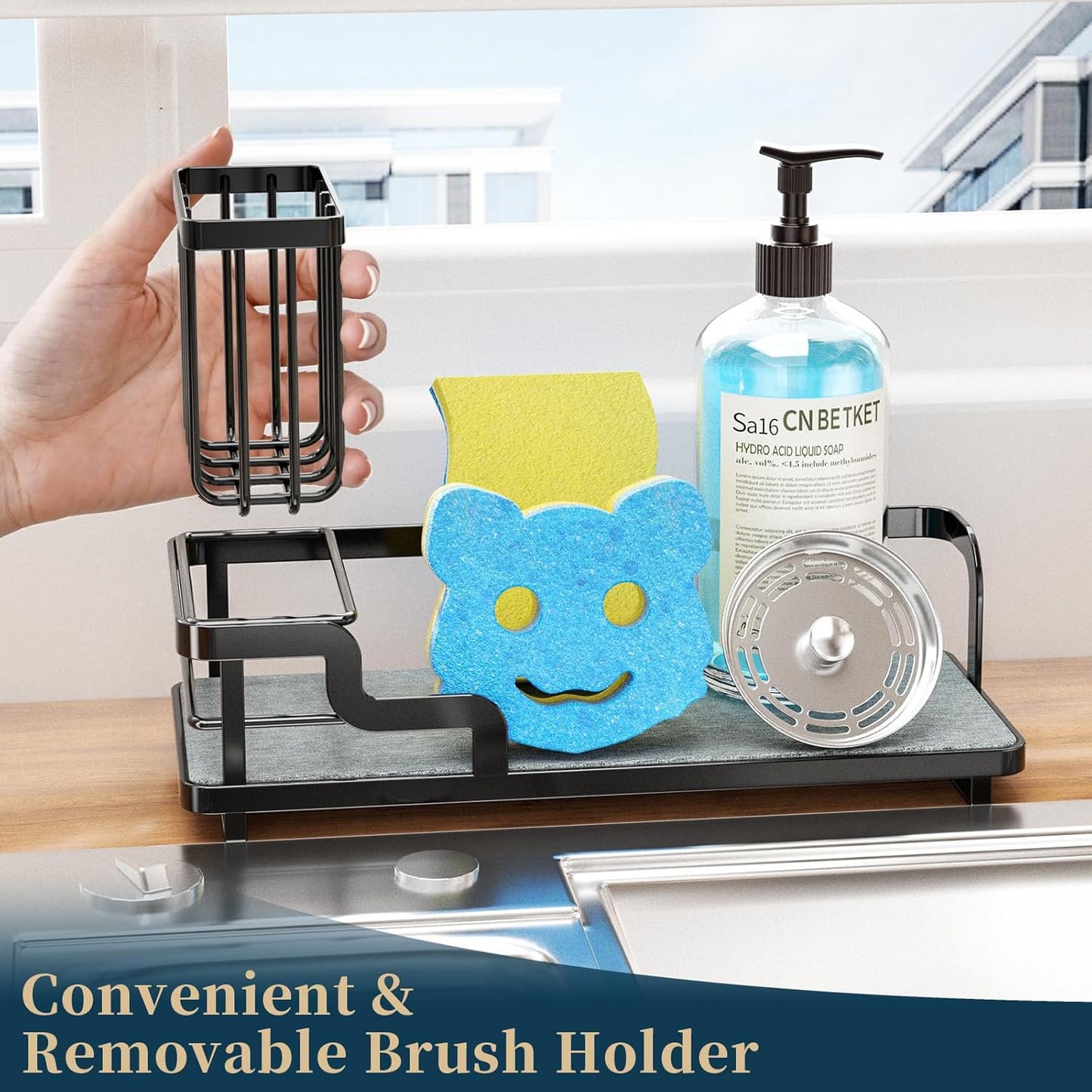 Consumest Sponge Holder for Kitchen Sink - Sink Caddy Organizer with Water Absorbing Stone Tray, Detachable Brush Holder, Stainless Steel Kitchen Counter Organizer Rack, Black
