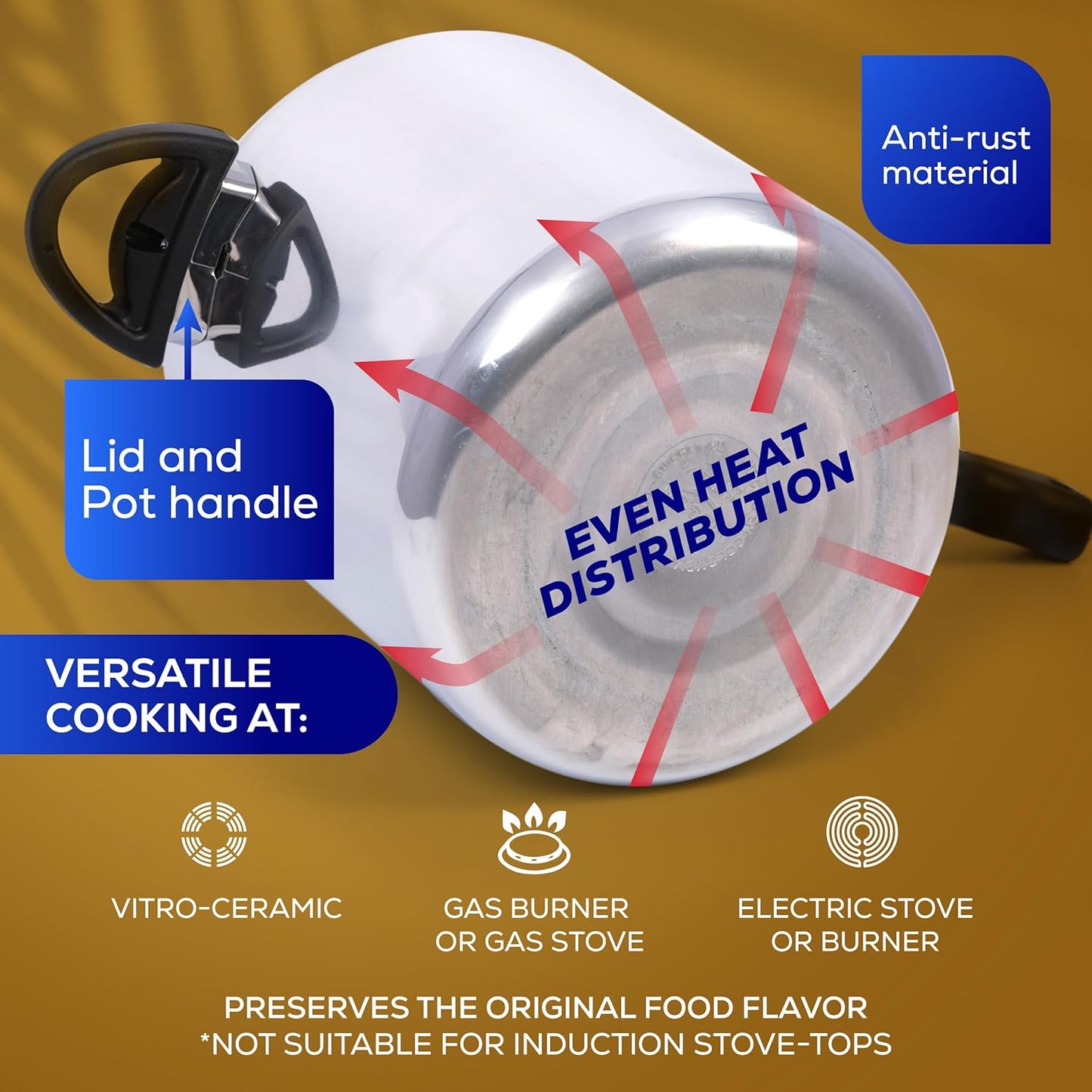 Universal (10.5 Quart / 10 Liter) Anti-Rust Ultra Pressure Cooker, Aluminum Construction for 11 Servings, and Even Heat Distribution, Diameter 10.4 inches, Height 10.6 inches