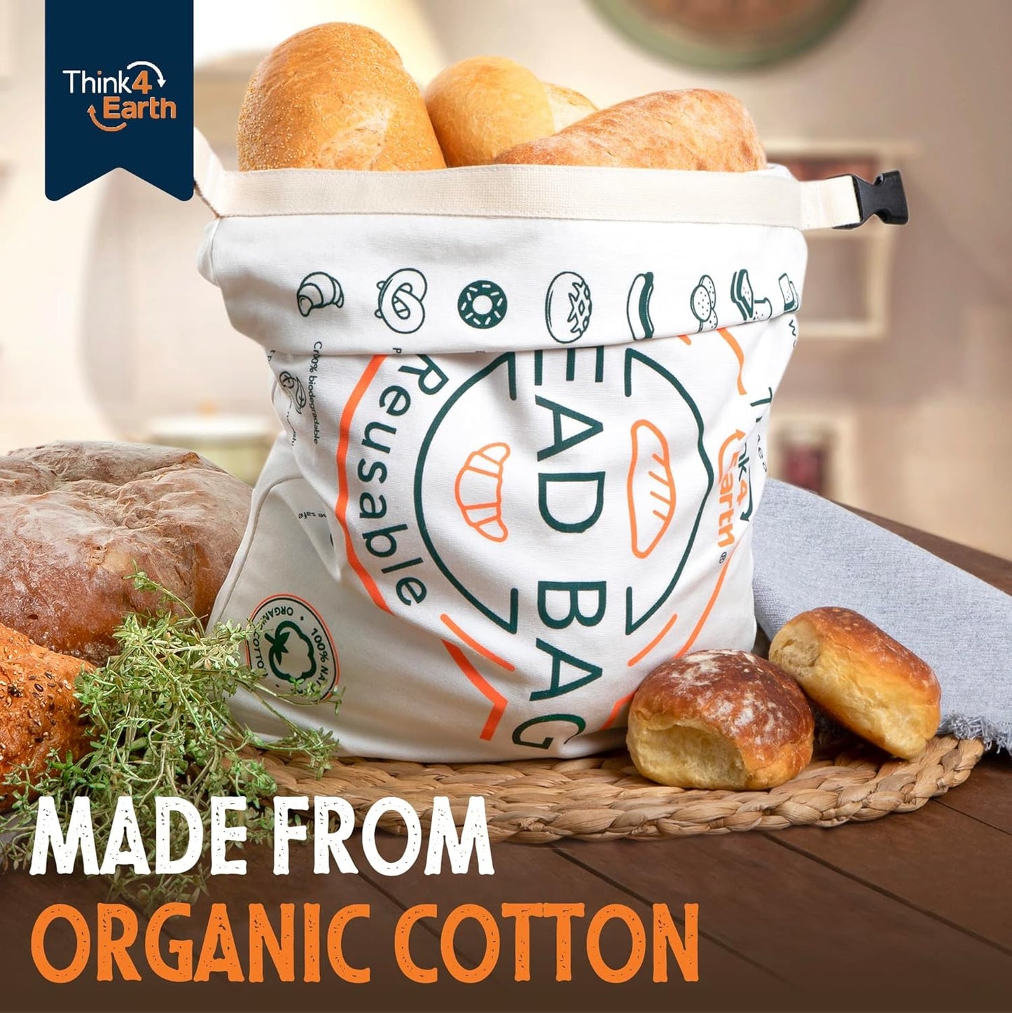 Think4Earth® - Reusable Organic Cotton Bread Bag for Homemade Loaves Large | Premium Quality Storage Bags - Unique Cotton Bags for Sourdough, Safe and Eco-Friendly (2 Units)
