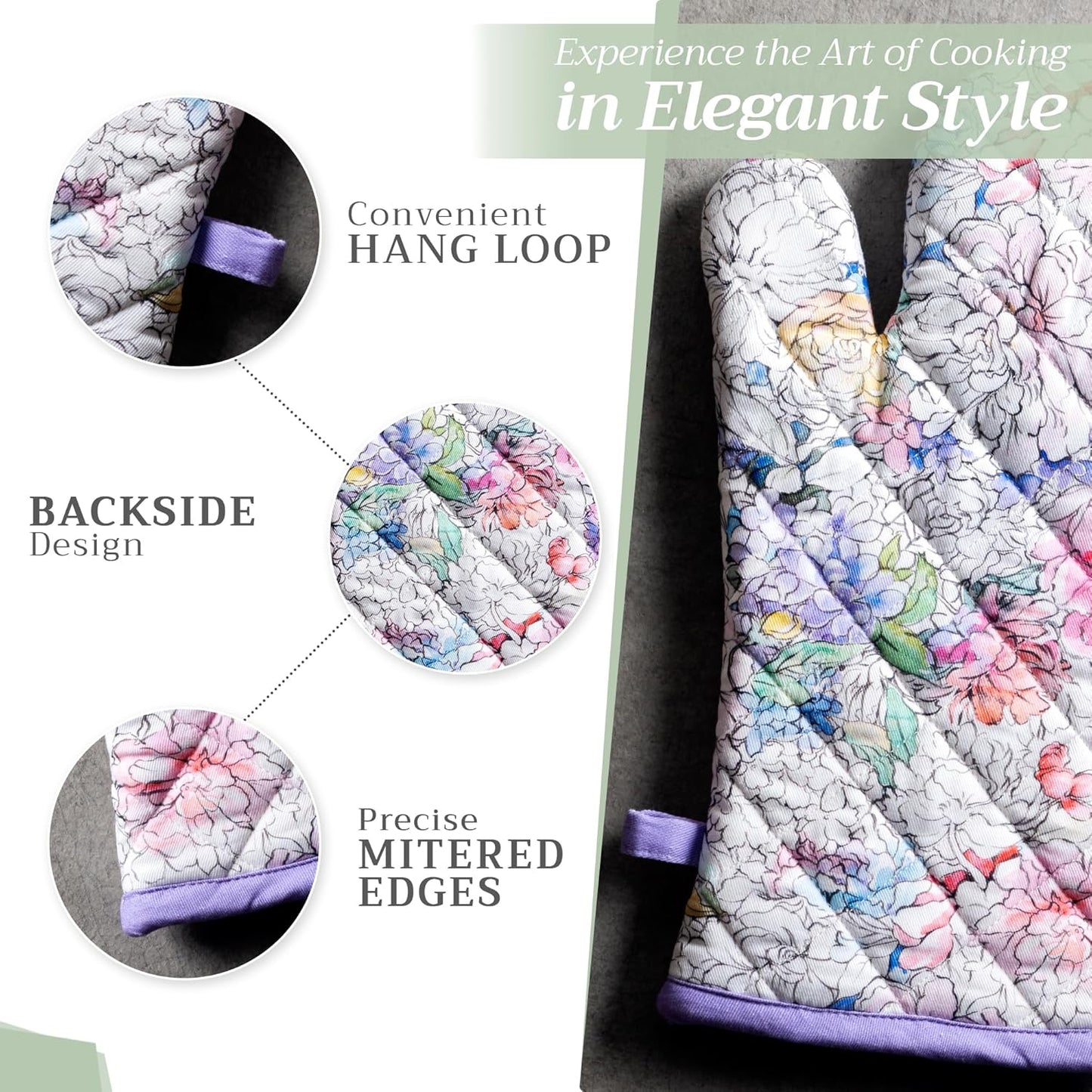 Maison d' Hermine Oven Gloves 100% Cotton Oven Mitt 7" x 13" with Loop Heat Resistant, BBQ, Cooking Gloves, Baking, Grilling, Kitchen, Handling Hot Pans Spring/Summer (Pack of 1, Floral Love)