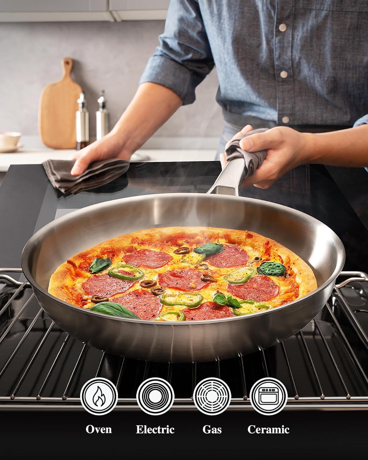 12 inch Tri-Ply Stainless Steel Frying Pan with LID,PFOA&PTFE Free Skillets,Chef's Pans,Dishwasher and Oven Safe Cookware, Works on Induction,Ceramic and Gas Cooktops
