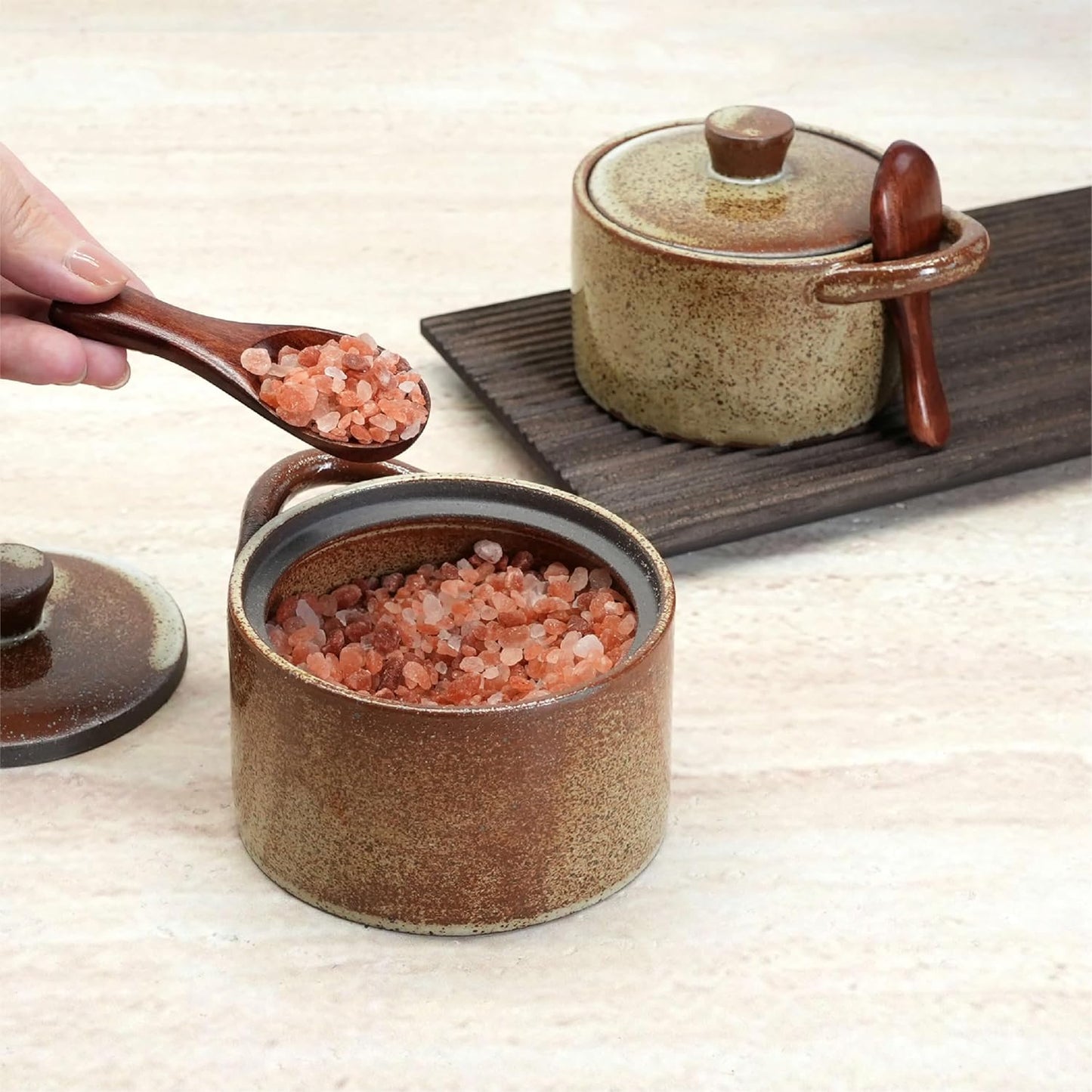 Handcrafted Speckled Ceramic Salt Cellar with Wooden Spoon, Rustic Vintage Spice Jar, Dishwasher Safe, 8.45 fl oz (Peckled Ceramic set of 2)