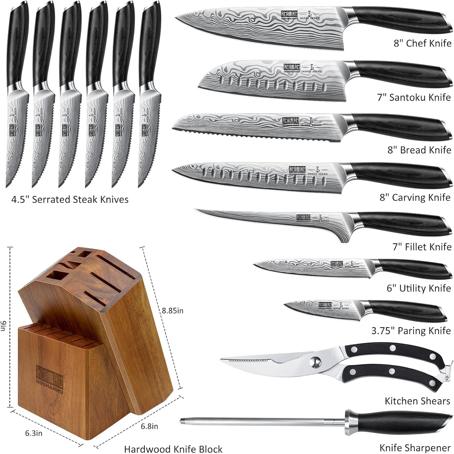 HOSHANHO 16-Piece Knife Set with Block, Ultra Sharp High Carbon Powder Steel Knife Block Set, Chef Knife Set Professional Kitchen Knives Set with Sharpener and Pakkawood Handle
