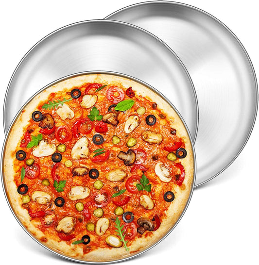 P&P CHEF 13.5 Inch Pizza Pan, 3 Pieces Stainless Steel Round Pizza Tray Dish Plate For Oven Baking Roasting, Healthy & Heavy Duty, Rust Free & Dishwasher Safe -Silver