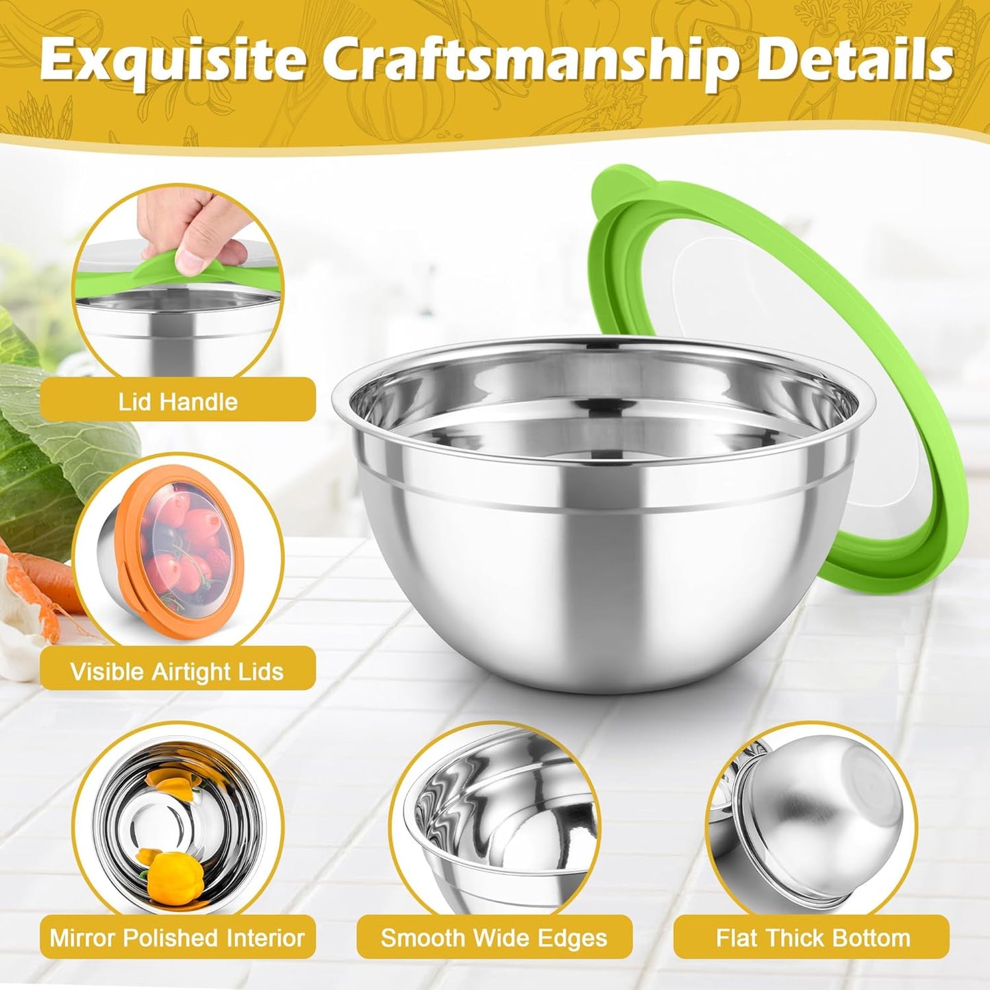 TeamFar Mixing Bowls, 3PCS Stainless Steel Serving Salad Bowls with Lids & 3 Graters, For Kitchen Mixing/Baking/Storing/Prepping, Visible & Airtight, Easy Clean - 4.5/3 / 1.5 QT, Multi-color