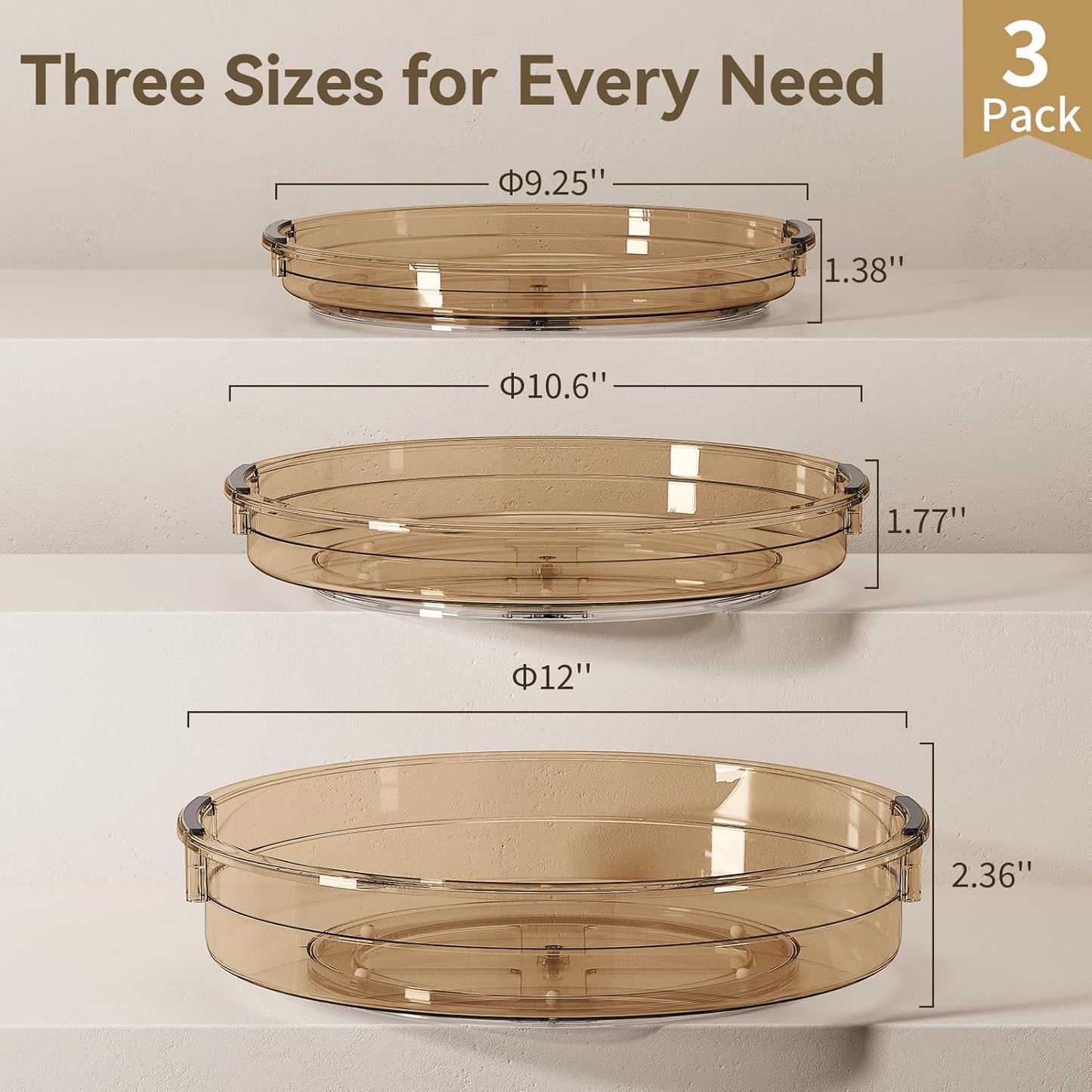 LAMU 3 Pack Lazy Susan Organizer Turntable for Cabinet, Condiment Organizer for Kitchen Pantry Organizers and Storage, Table Top, Fridge, Countertop, Spice Organization, 12'' 10.6'' 9.25'', Amber