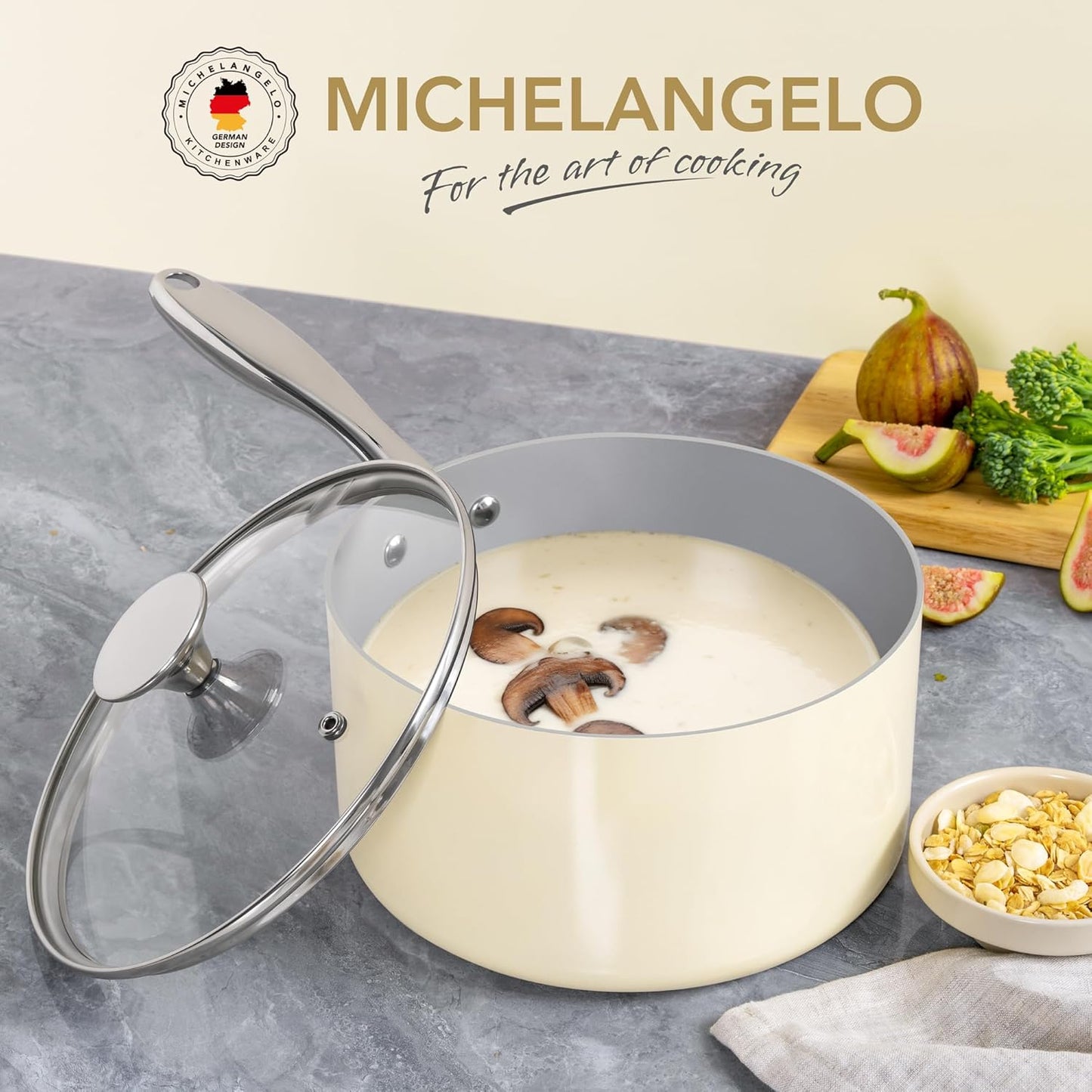 MICHELANGELO 3 Quart Saucepan with Lid - Non Toxic Sauce Pan with Nonstick Ceramic Coating, Scratch-Resistant, Induction Saucepan Suitable for All Stovetops, Beige