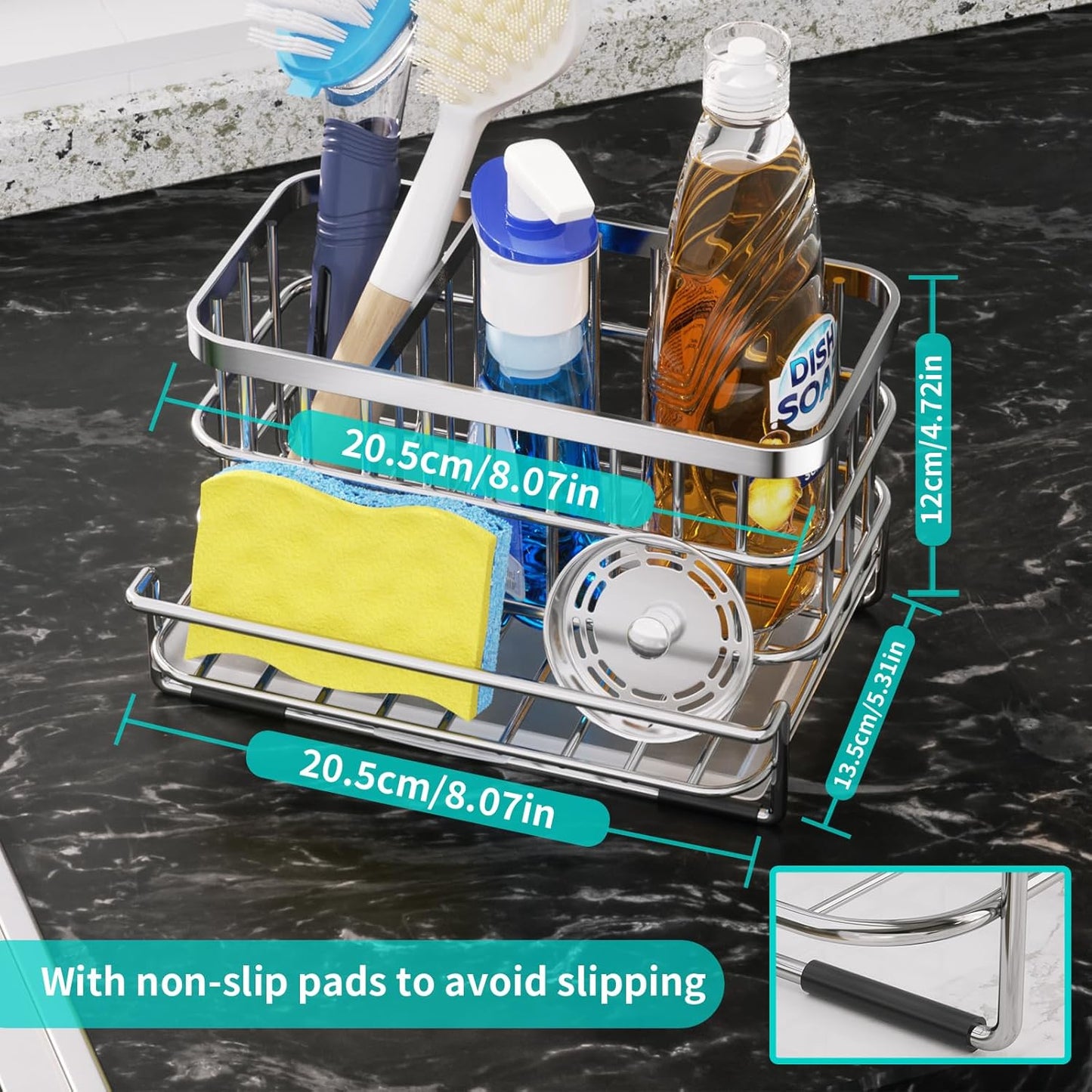 HapiRm Kitchen Sink Organizer, SUS304 Stainless Steel Rustproof Multifunctional Large Sink Caddy with Sponge Holder and Drain Tray for Kitchen Countertop (Silver)