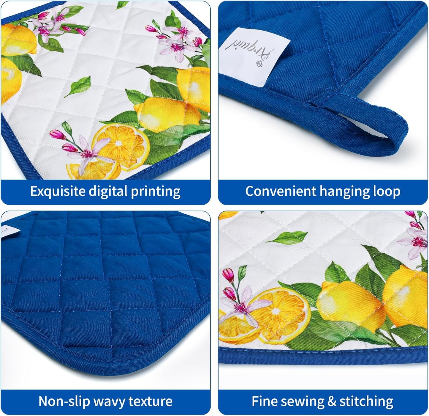 Summer Lemon Oven Mitts and Pot Holders Sets 4Pcs, 100% Cotton Heat Resistant, Extra Long Oven Gloves Potholder for Kitchen Cooking Baking Decoration