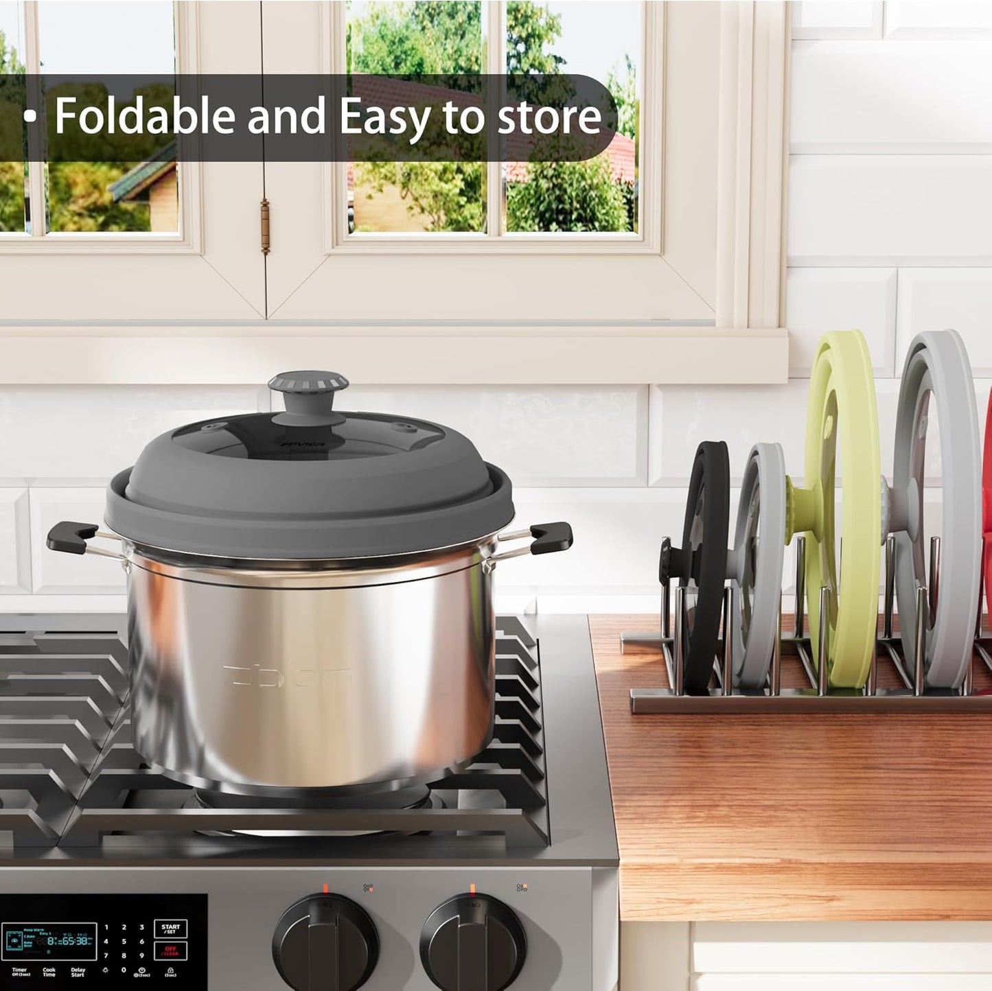 Collapsible Microwave Splatter Cover - Vented Silicone & Glass Lid with Easy-Grip Handle, Fits 6 to 11 Inch Plates & Bowls, 11.8 Inch Diameter, Prevents Splatters & Ensures Even Heating