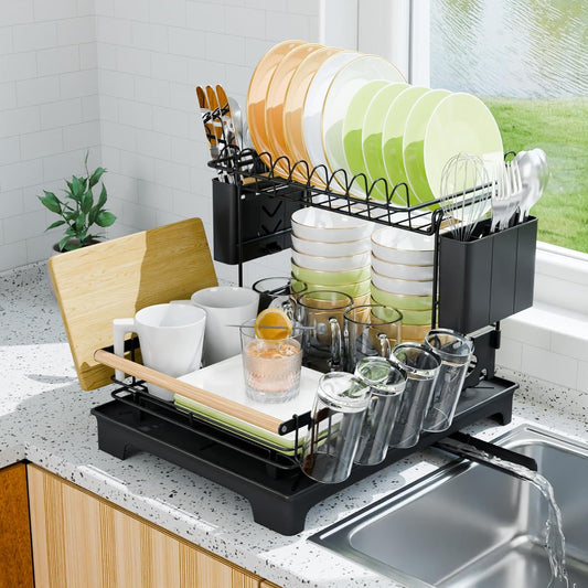 2 Tier Dish Drying Rack, Drying Rack with Automatic Drainboard, Dish Racks for Kitchen Counter, Rustproof Dish Drainer with Removable Utensil Holder, Cups Holder,Black