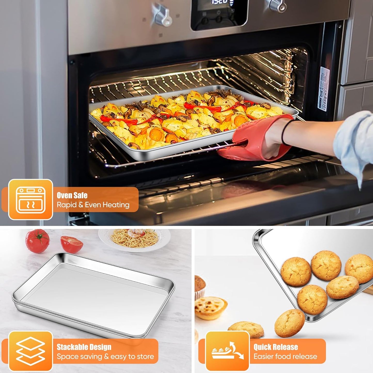 Homikit 2 Pack Baking Sheet, 9 x 13 Inches Stainless Steel Quarter Sheet Pan Set for Baking Cooking Toasting, Metal Cookie Tray Fits Toaster Oven, Non Stick & Rust Free, Dishwasher Safe